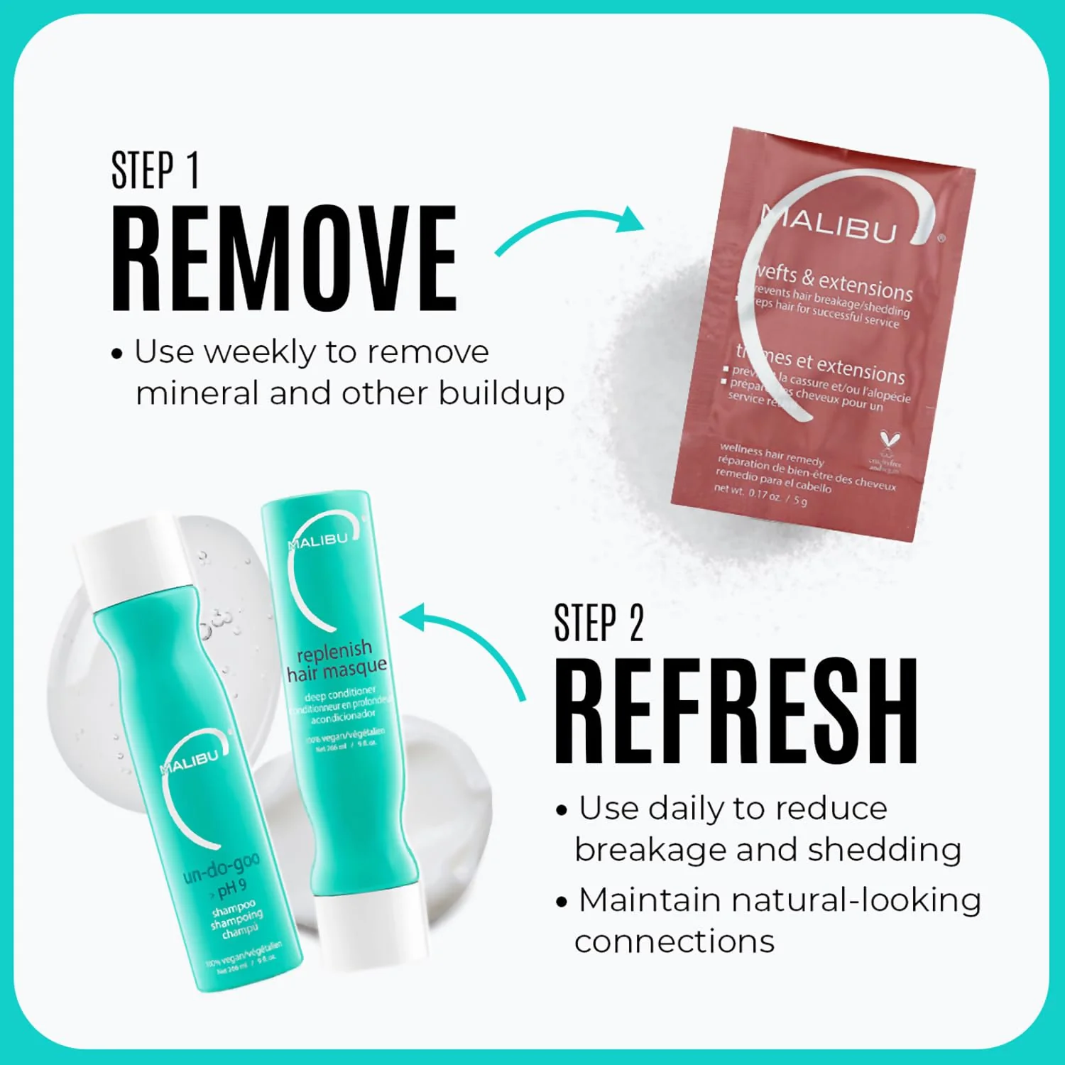 Malibu C Mini Malibu Rehab Wefts & Extensions - Contains 2 Remedy Packets - Removes Build Up and Prevents Breakage - Hydrating Care for Strong, Healthy Strands - Image 4