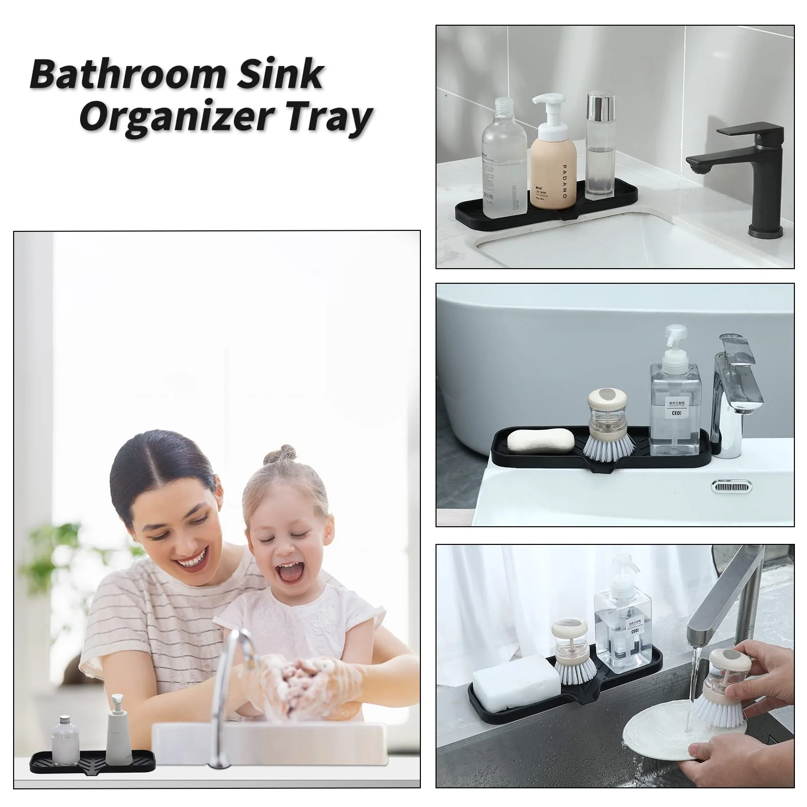MicoYang Silicone Bathroom Soap Dishes with Drain Spout-Bathroom and Kitchen Sink Organizer,Sponge Holder,Dish Soap Tray,Perfect for Dispenser,Scrubber,Bottle,Cup on Sink or Counter-Black 12"×4" - Image 3
