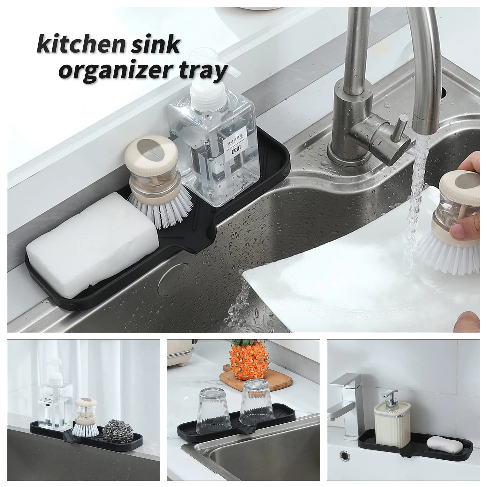 MicoYang Silicone Bathroom Soap Dishes with Drain Spout-Bathroom and Kitchen Sink Organizer,Sponge Holder,Dish Soap Tray,Perfect for Dispenser,Scrubber,Bottle,Cup on Sink or Counter-Black 12"×4" - Image 4