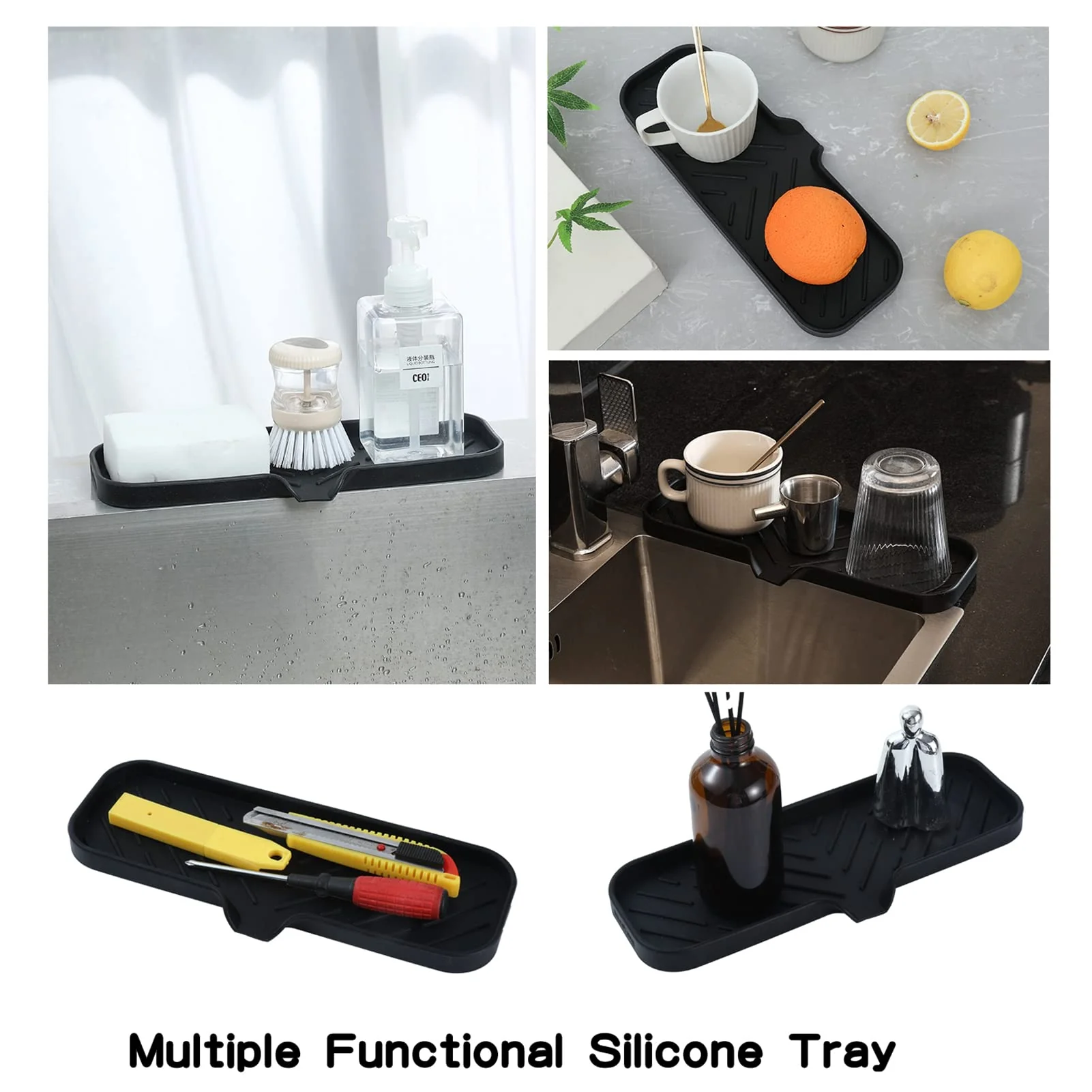 MicoYang Silicone Bathroom Soap Dishes with Drain Spout-Bathroom and Kitchen Sink Organizer,Sponge Holder,Dish Soap Tray,Perfect for Dispenser,Scrubber,Bottle,Cup on Sink or Counter-Black 12"×4" - Image 5