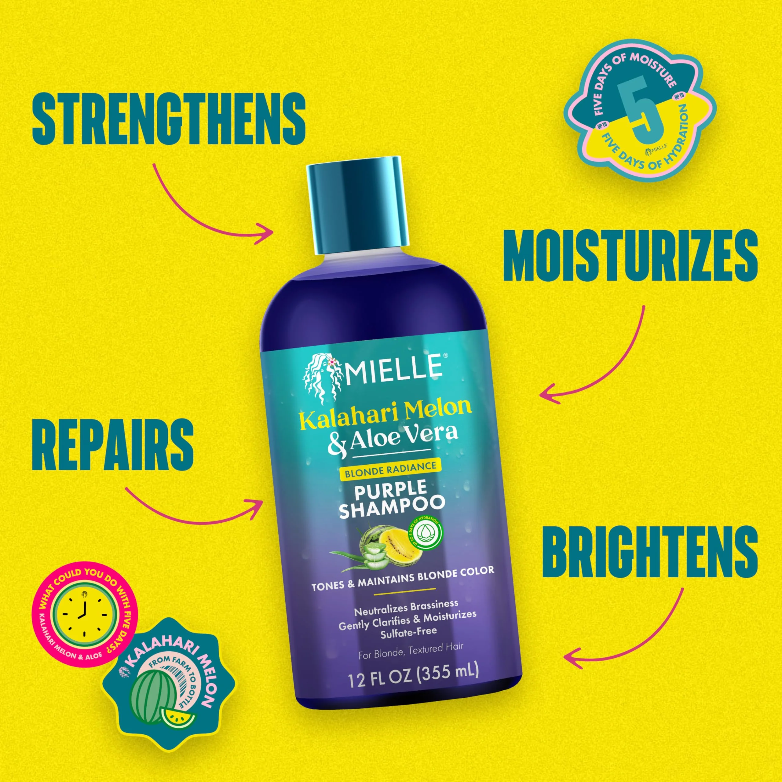 Mielle Kalahari Melon & Aloe Vera Purple Shampoo, Blonde Radiance Toning Shampoo for Brassy Hair, Sulfate-Free Moisturizing Cleanser for Blonde & Textured Hair, 12 Ounce - Image 4