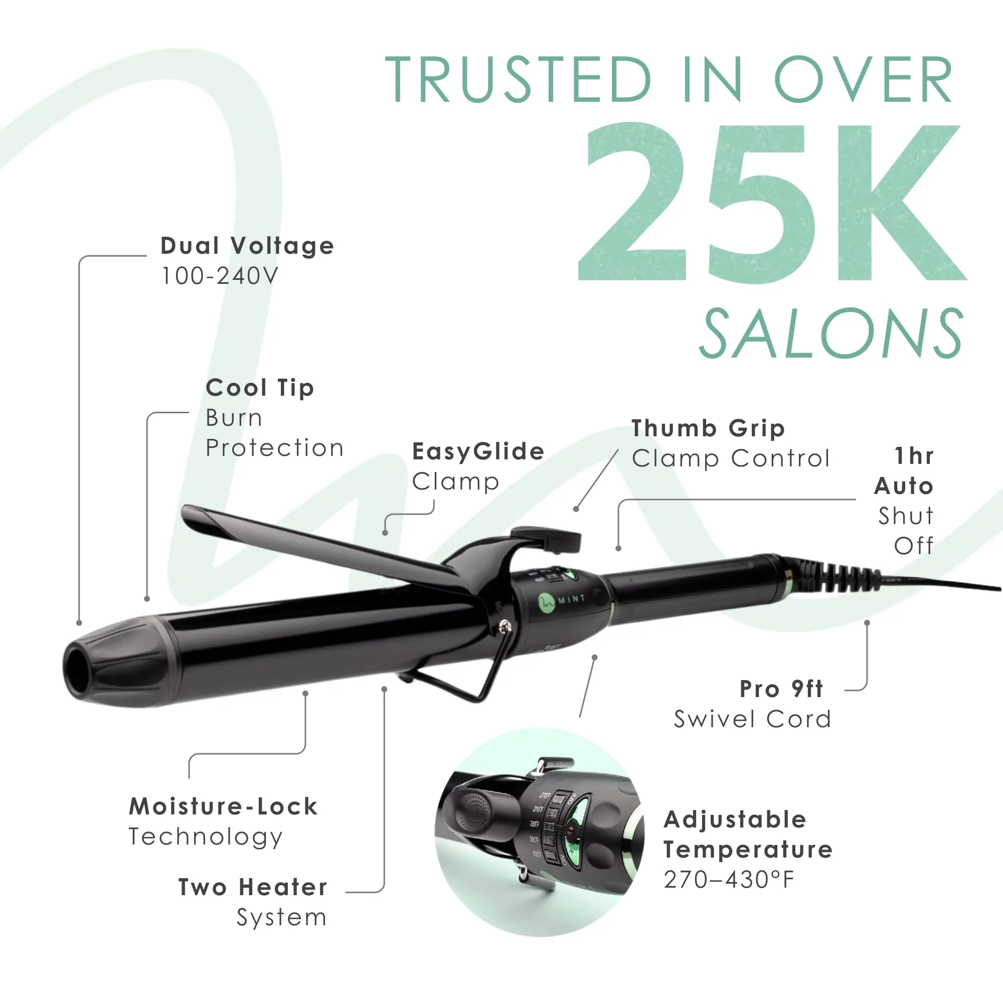 MINT Professional Extra Long Hair Curling Iron 1 1/4 inch | 2-Heater Ceramic Barrel that Stays Hot | 1.25 Inch Hair Iron Curler for Medium to Large Curls | Travel-Ready International Dual Voltage - Image 5