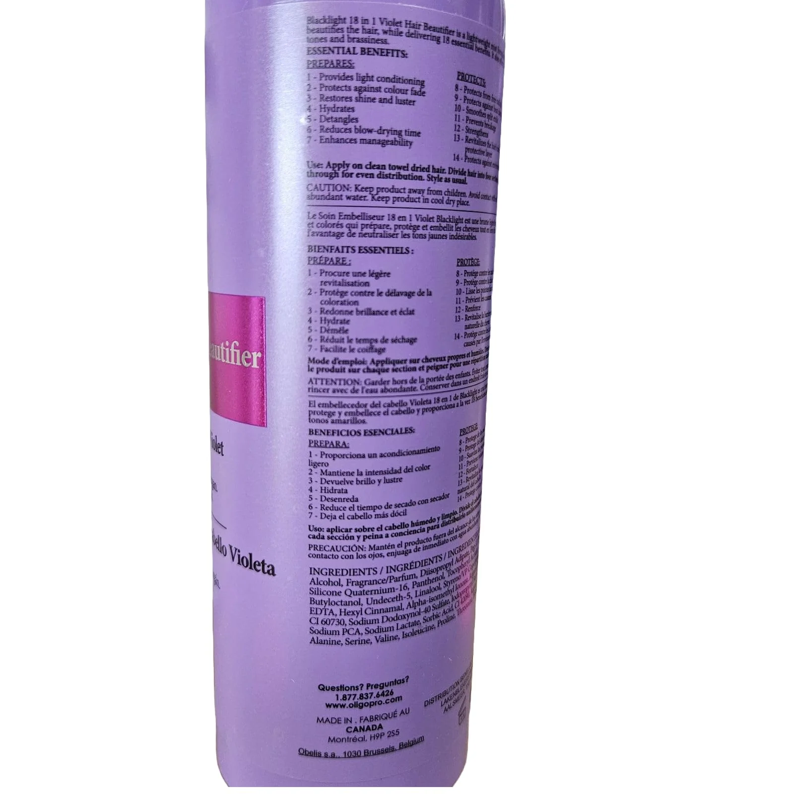 Oligo Professionnel - Blacklight 18-in-1 Violet Hair Beautifier for blondes- Vegan - Eliminate yellow tones - Anti frizz- Leave-in Toning Conditioner - Detangling Hydrating Spray - Argan Oil -8.5 oz - Image 7