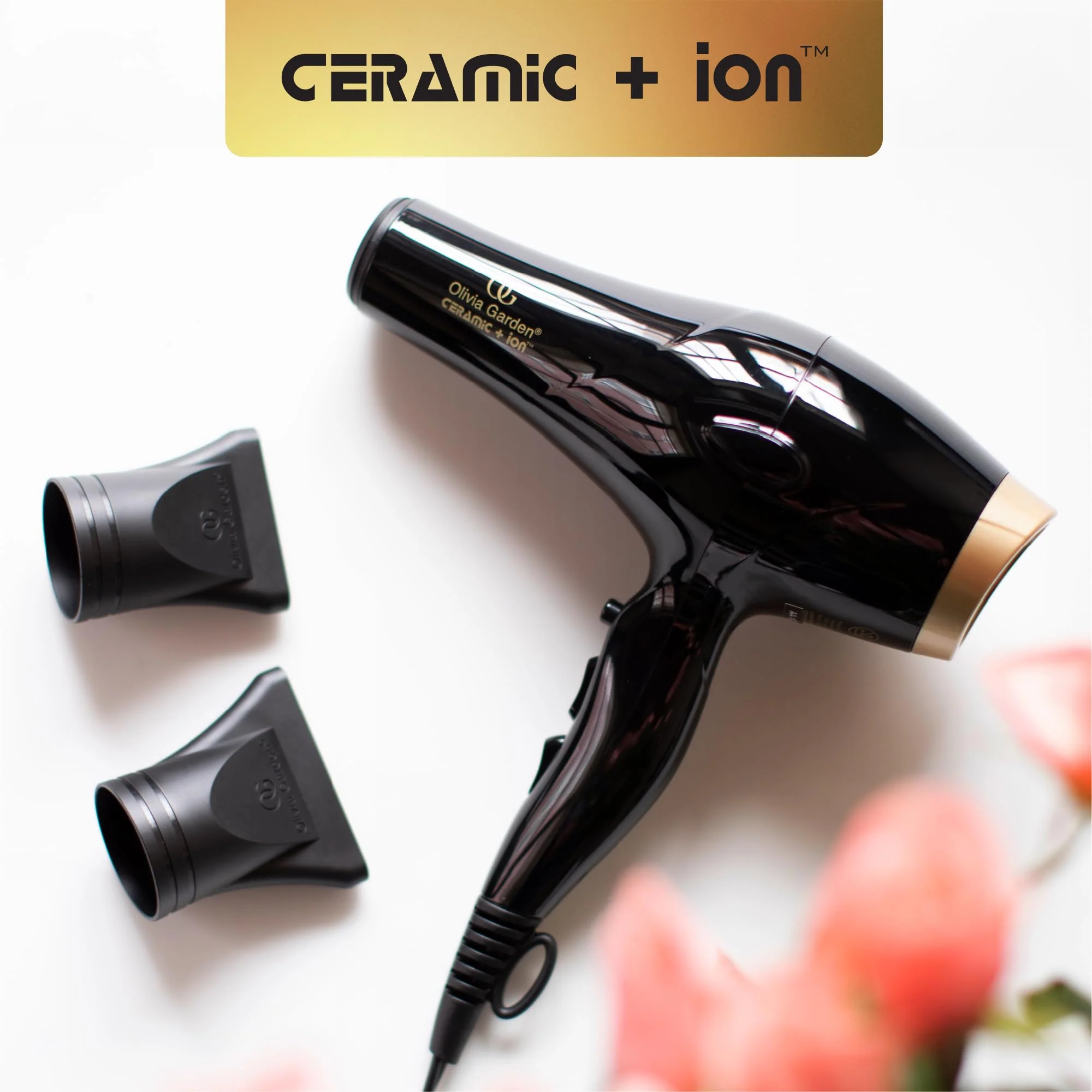 Olivia Garden 1875W Ceramic + Ion Professional Hair Dryer for Men and Women - Fast Drying Blow Dryer - Powerful Ionic Generator - 3 Heat Settings - with 2 Nozzles and Storage Bag - (Black/Gold) - Image 5