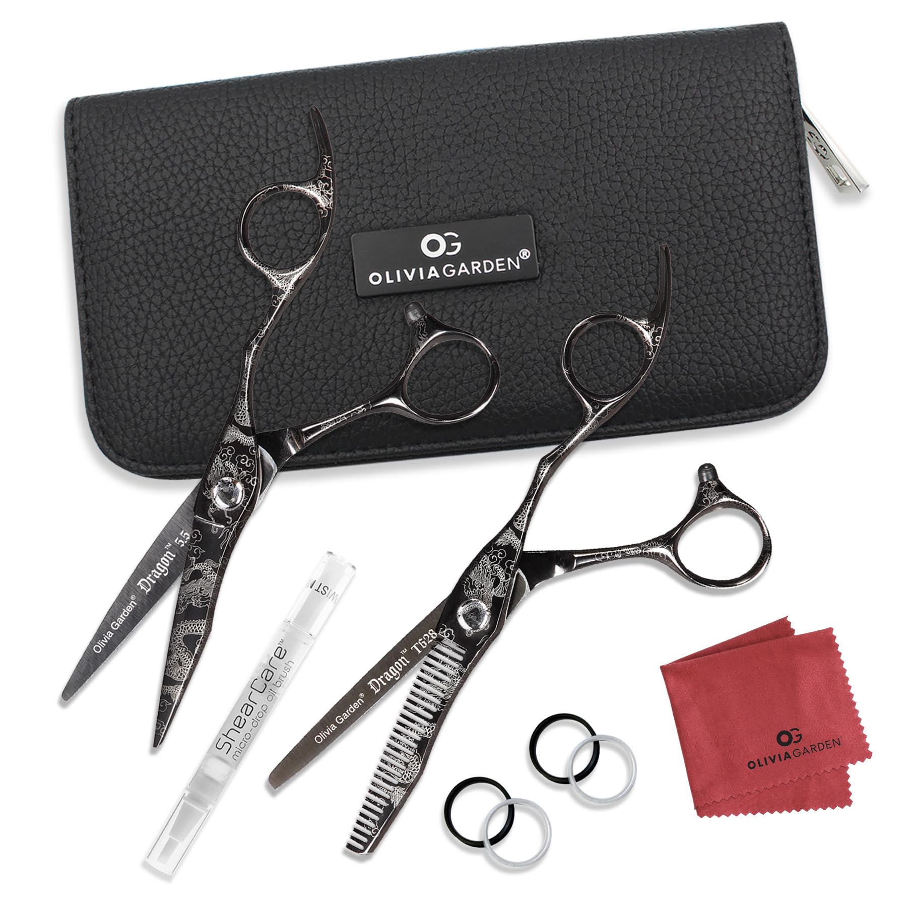 Olivia Garden Dragon Shears Kit - Includes Professional Hair Cutting 5.5" Shear, 6" Thinner, Case, and Accessories - Razor Sharp Scissors - DR-55, DR-T628