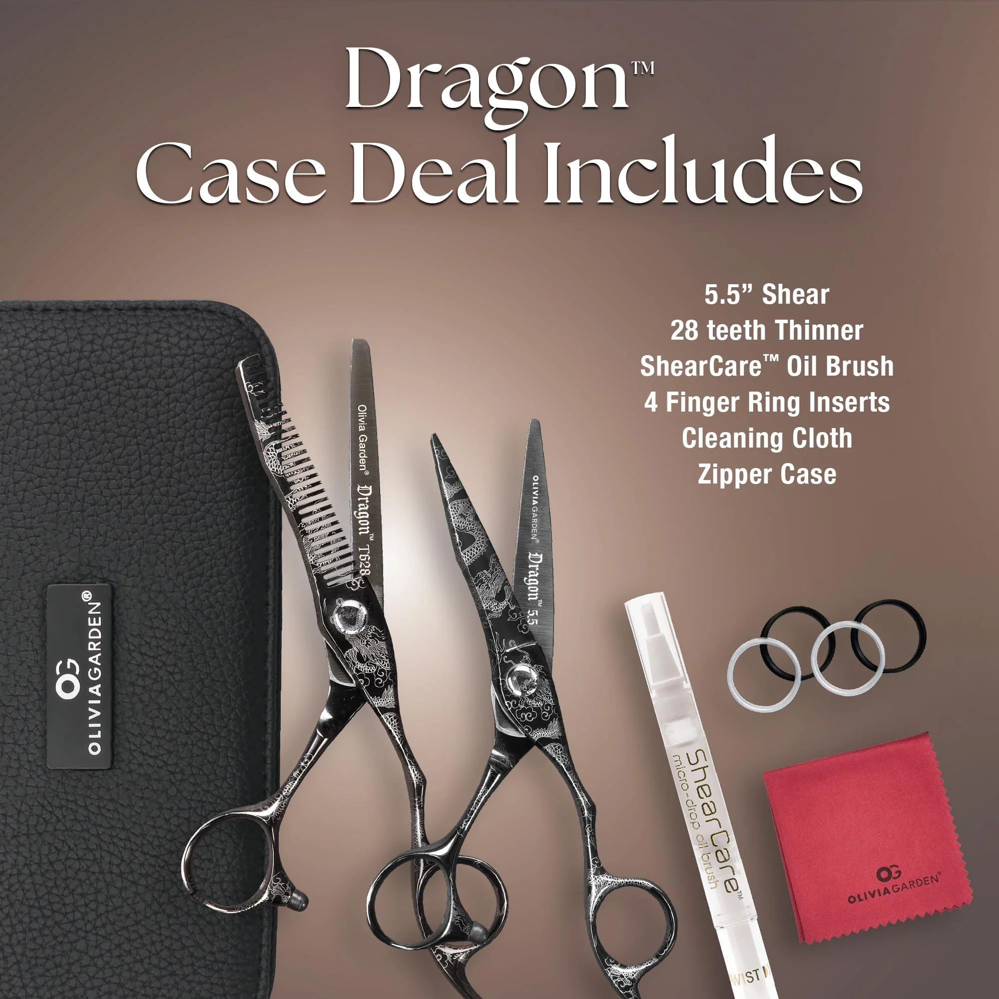 Olivia Garden Dragon Shears Kit - Includes Professional Hair Cutting 5.5" Shear, 6" Thinner, Case, and Accessories - Razor Sharp Scissors - DR-55, DR-T628 - Image 2