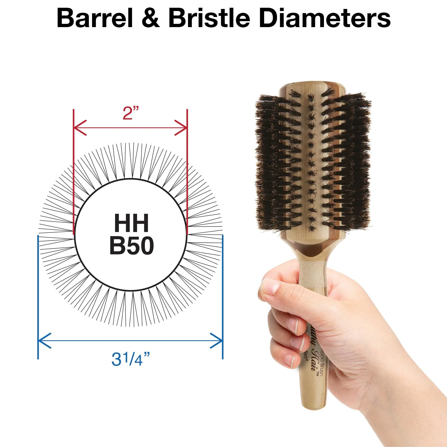 Olivia Garden Healthy Hair Eco-Friendly Bamboo 100% Boar Round Hair Brush HH-B50 (3 1/4") - Image 2