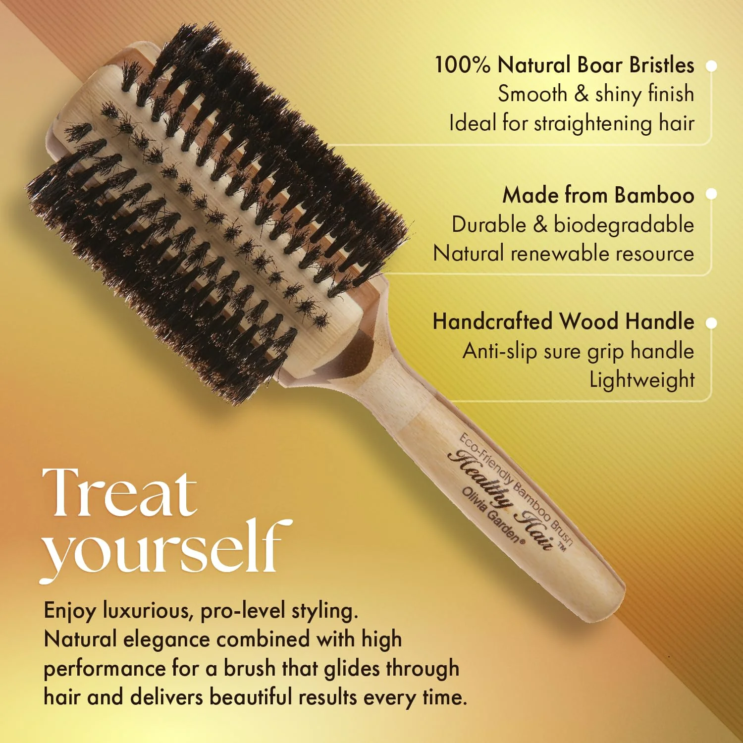 Olivia Garden Healthy Hair Eco-Friendly Bamboo 100% Boar Round Hair Brush HH-B50 (3 1/4") - Image 3