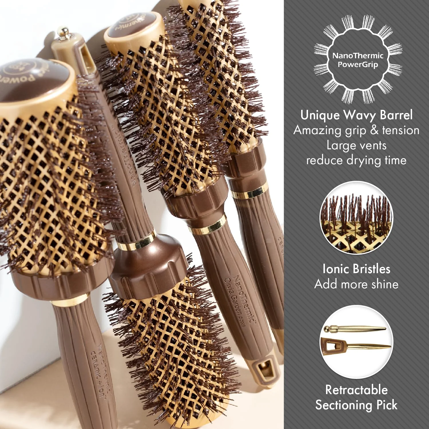 Olivia Garden NanoThermic PowerGrip Thermal Round Hair Brush - Not Electrical - Ceramic Blowout Brush for Medium to Thick Hair, 1 1/4 inch - Image 4