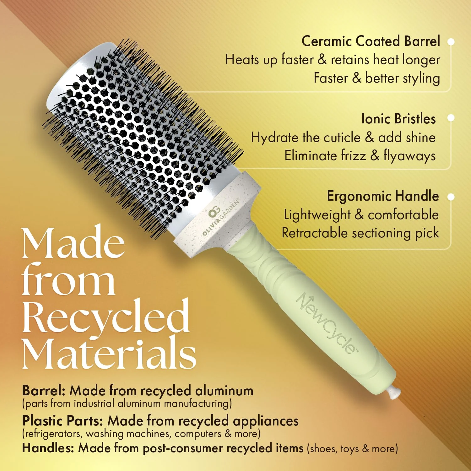 Olivia Garden NewCycle Round Thermal Hair Brush (not Electrical) with Ceramic Barrel, Ionic Technology and Made from 100% Recycled Material (Except bristles) - Image 3