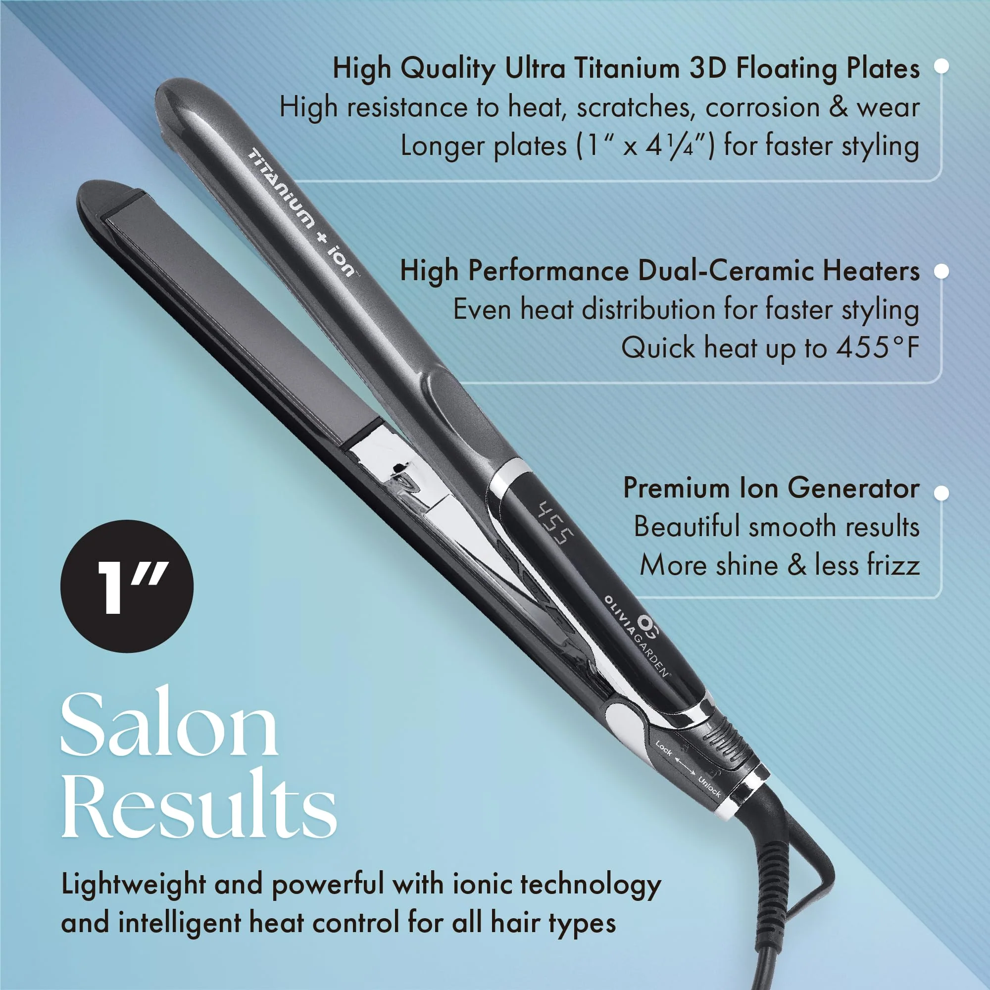 Olivia Garden Titanium + Ion Professional Flat Iron - Hair Straightener for All Hair Types - Includes Heat-Resistant Mat - 3D Floating Plates, 1" - Image 2