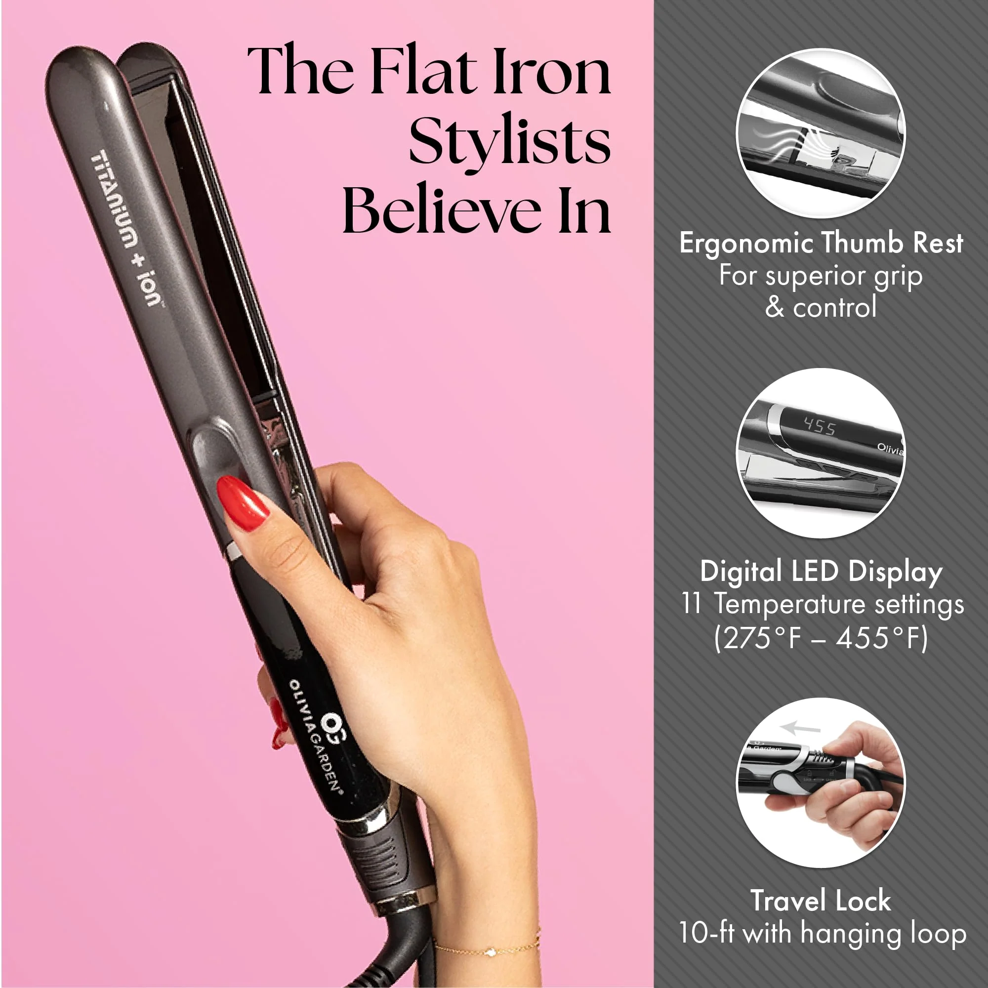 Olivia Garden Titanium + Ion Professional Flat Iron - Hair Straightener for All Hair Types - Includes Heat-Resistant Mat - 3D Floating Plates, 1" - Image 3