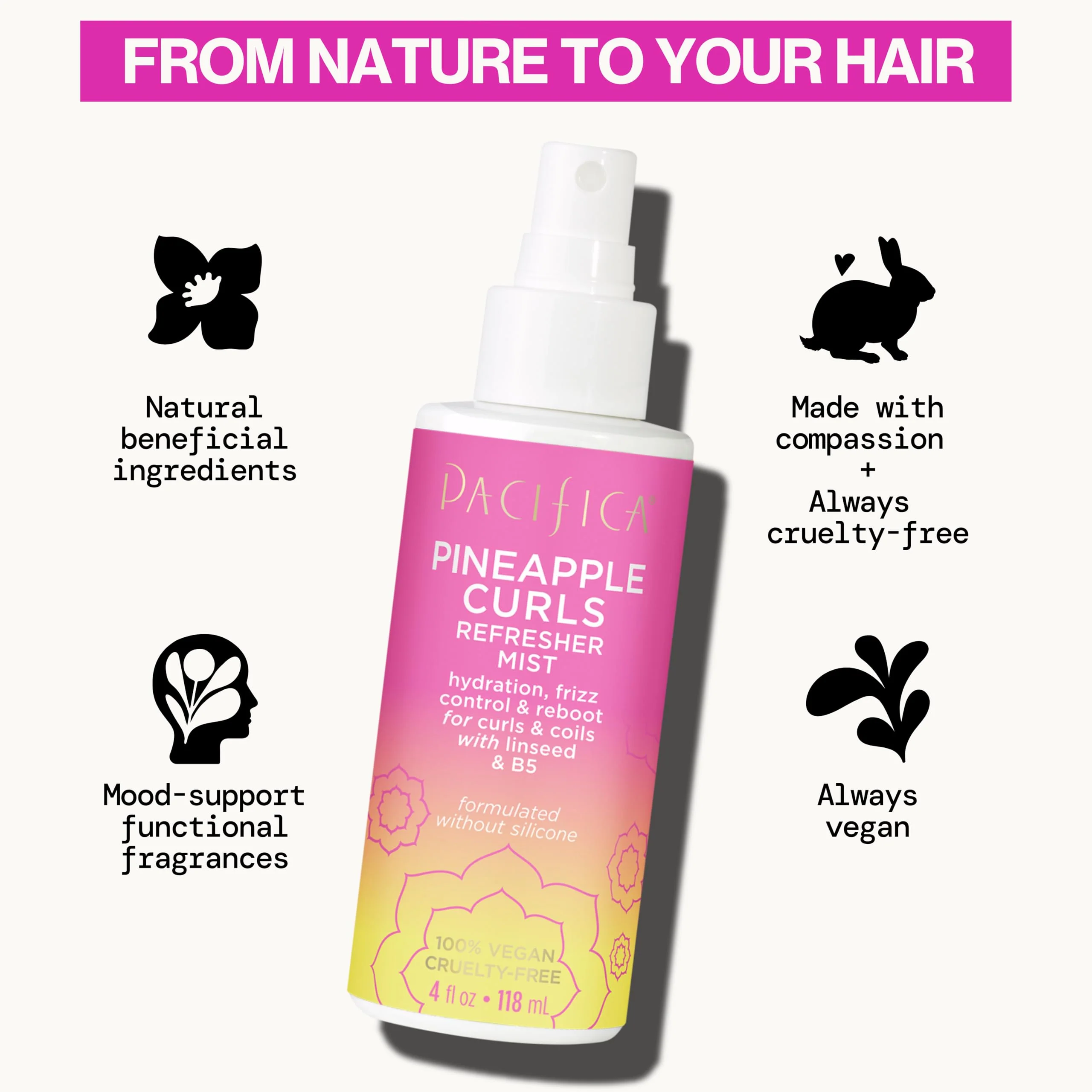 Pacifica Pineapple Curls Refresher Mist | Second Day Hair Revitalizing Spray | Frizz Control Detangler & Hydrating Leave In | Defines Wavy & Curly Texture | Silicone Free Vegan | 4 Fl Oz - Image 5
