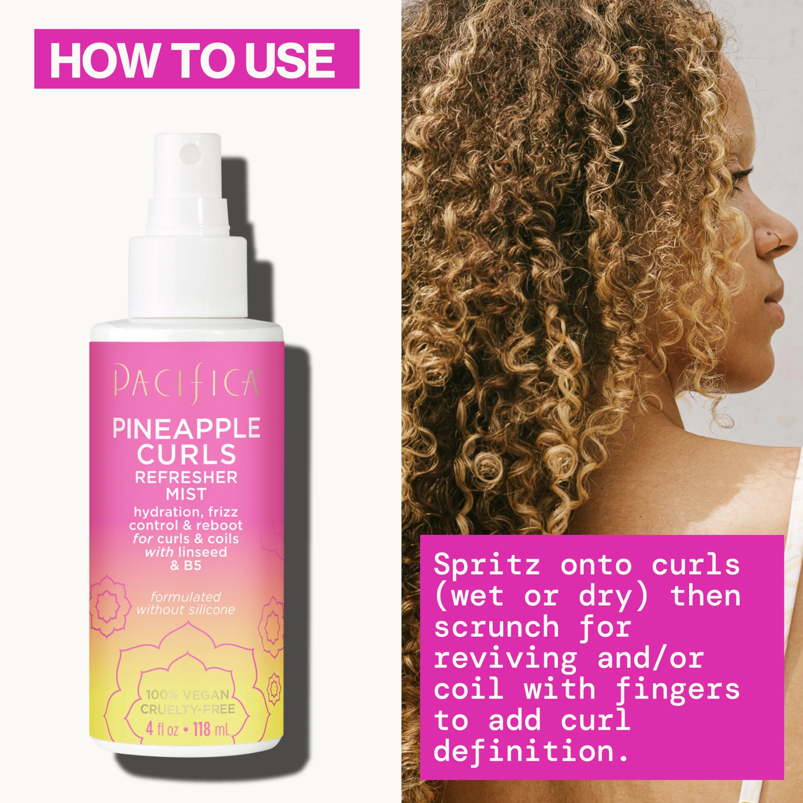 Pacifica Pineapple Curls Refresher Mist | Second Day Hair Revitalizing Spray | Frizz Control Detangler & Hydrating Leave In | Defines Wavy & Curly Texture | Silicone Free Vegan | 4 Fl Oz - Image 6