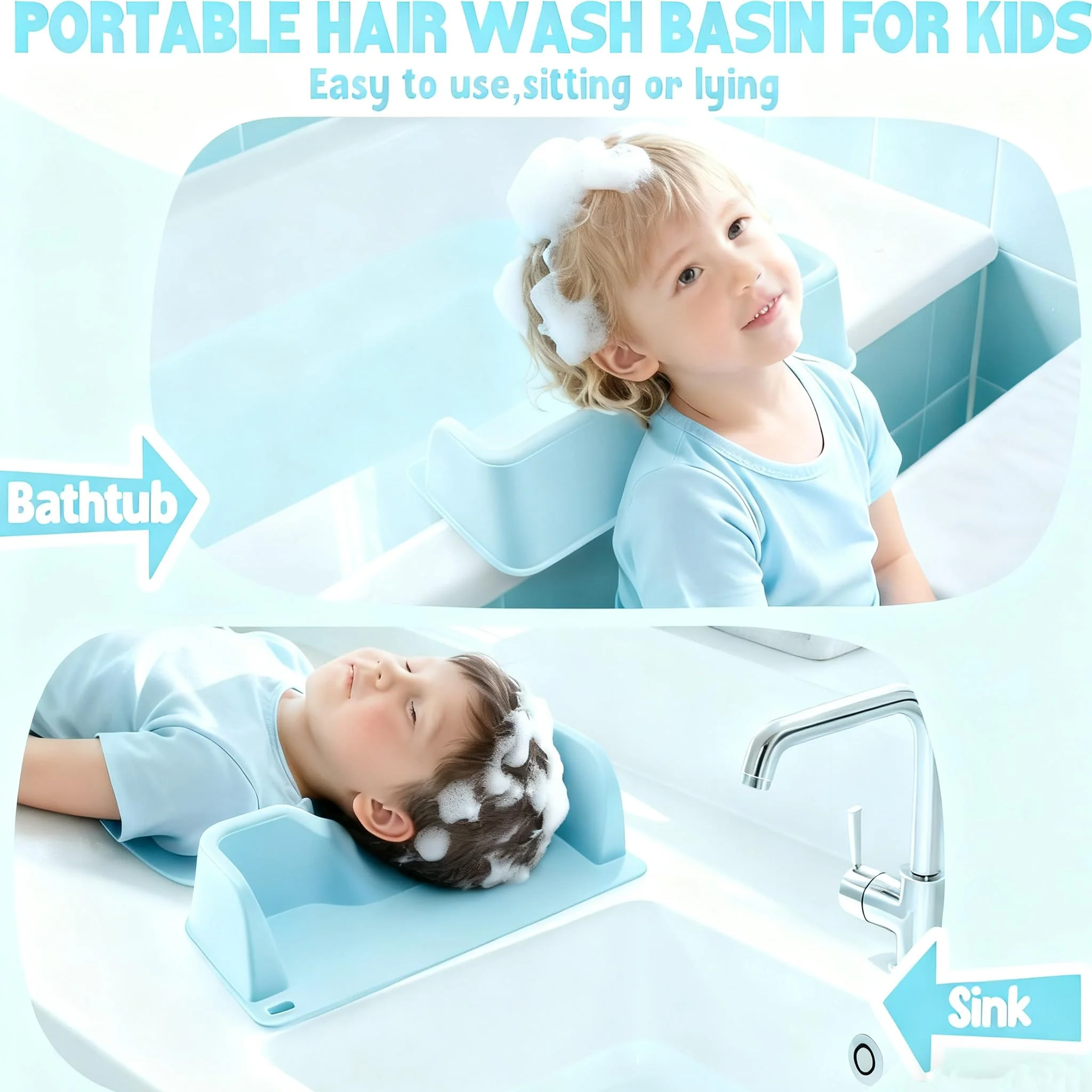 Portable Hair Washing Station,Silicone Hair Washing Basin for Toddlers,Children & Teens,Stable Sink/Bathtub Shampoo Buddy, Attached Shampoo Brush and Baby Bath Rinse Cup(Bule) - Image 4