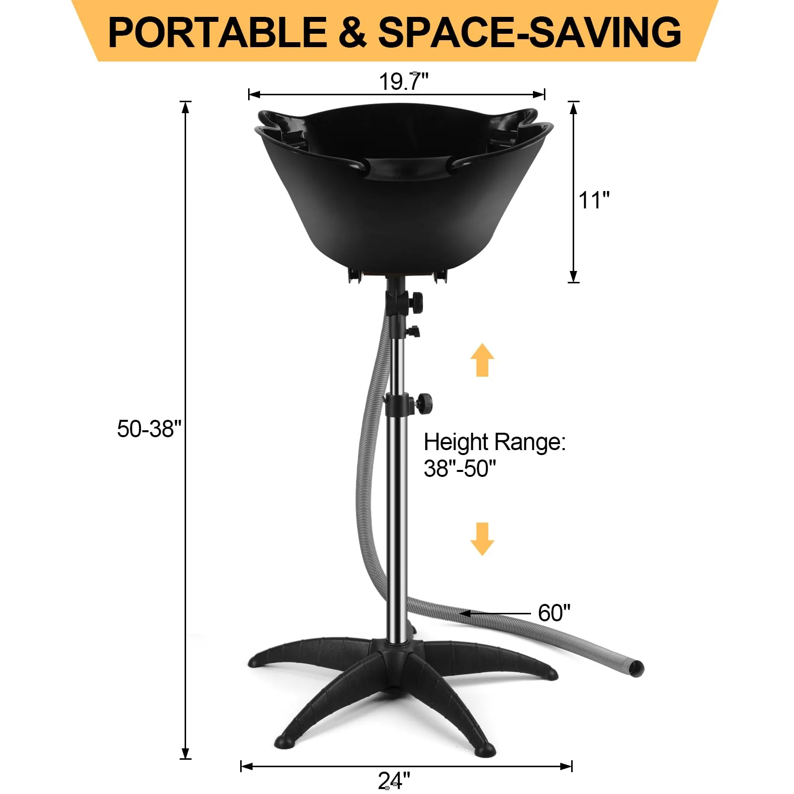 Portable Shampoo Bowl, 270 Degree Rotation of Hair Washing Basin, Height Adjustable Salon Sink with Drain Hoses for Home Salon Use (Black) - Image 3
