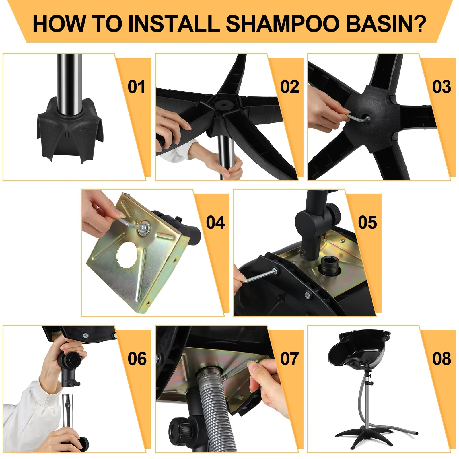 Portable Shampoo Bowl, 270 Degree Rotation of Hair Washing Basin, Height Adjustable Salon Sink with Drain Hoses for Home Salon Use (Black) - Image 4