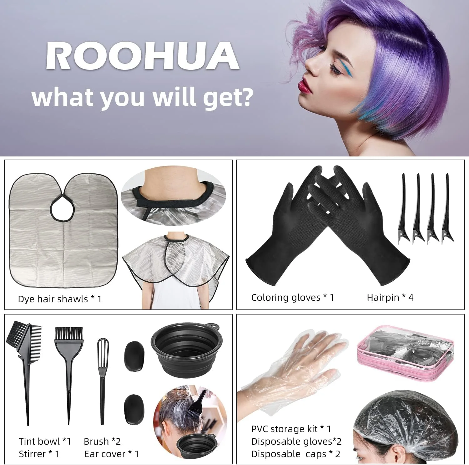 ROOHUA Hair Coloring Kit- Hair Dye Kit - Hair dye brush and bowl set,Hair agitator,Hair Clips and disposable gloves shower caps,Essential Salon Supplies for Home Use (16, Black) - Image 4