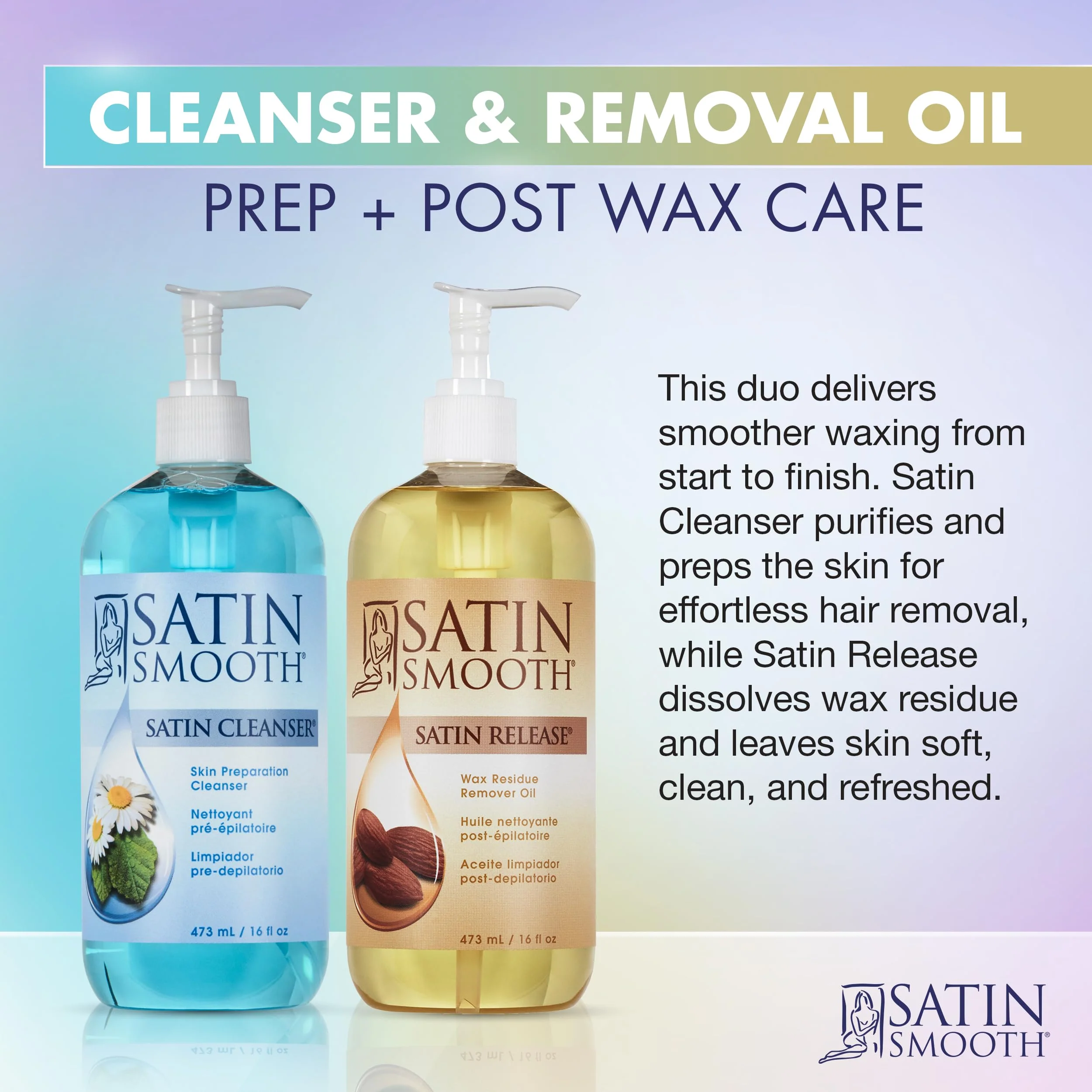 Satin Smooth Post Wax Oil, Wax Residue Remover + Satin Smooth Pre-Wax Cleanser, Skin Waxing Prep & Afterwax Care Duo, 16 fl oz - Image 3