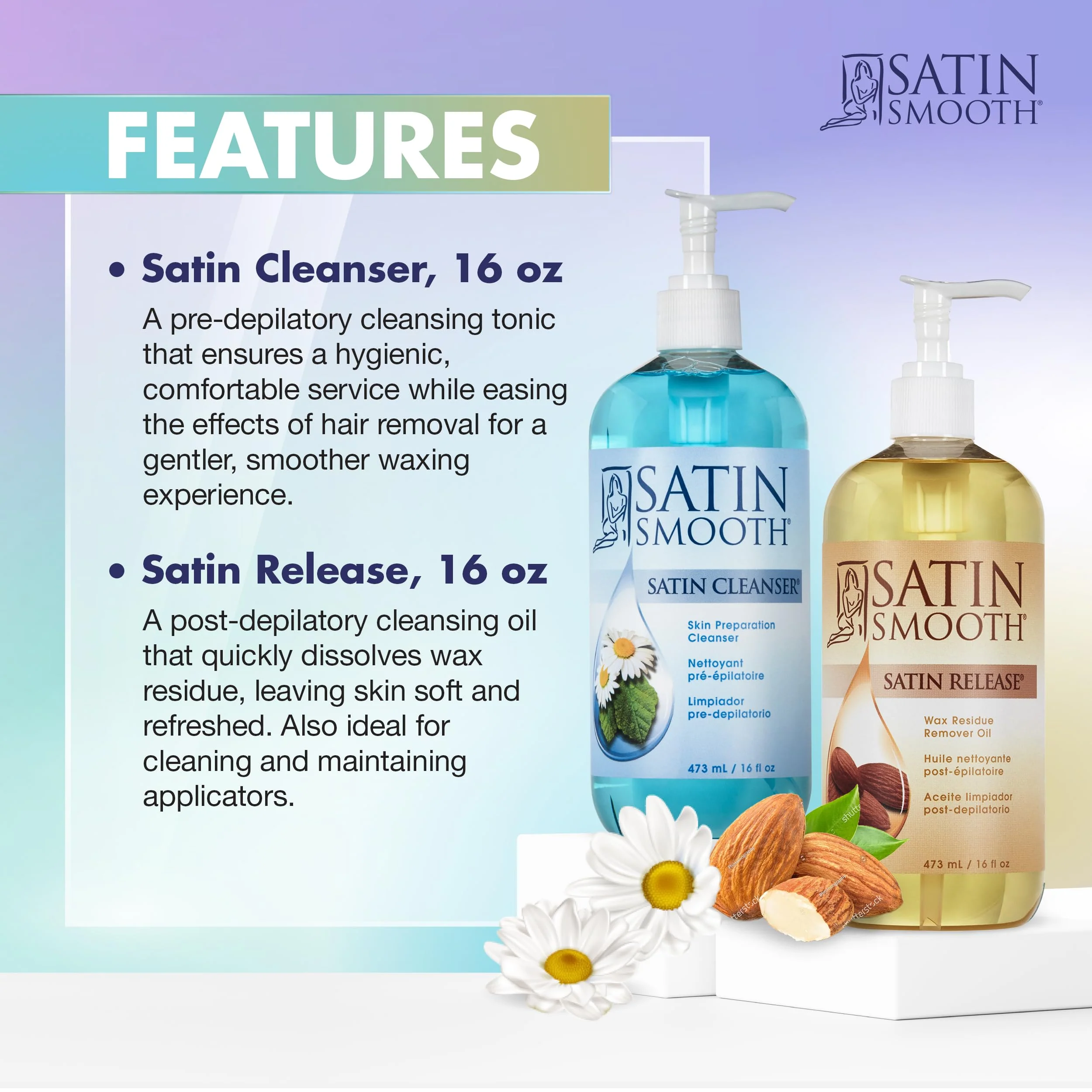 Satin Smooth Post Wax Oil, Wax Residue Remover + Satin Smooth Pre-Wax Cleanser, Skin Waxing Prep & Afterwax Care Duo, 16 fl oz - Image 4