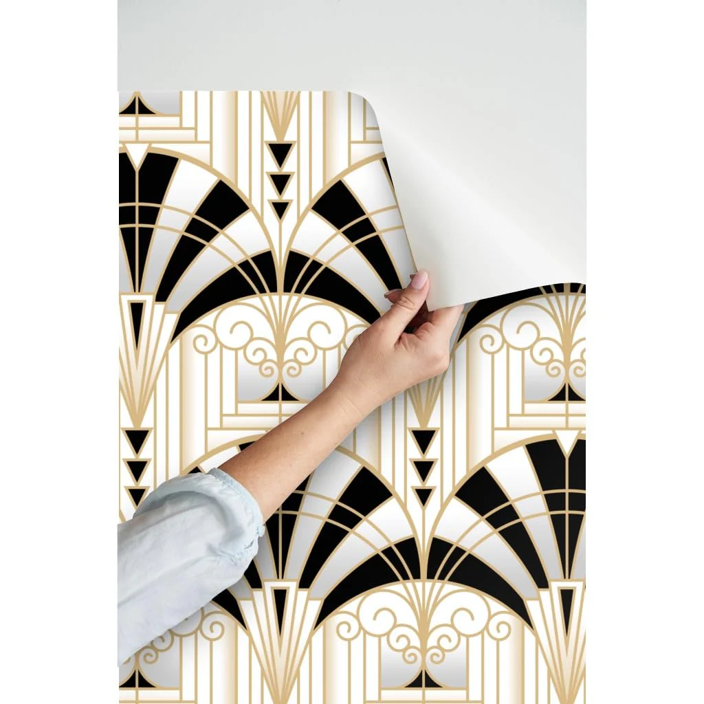 Spoonflower Peel & Stick Wallpaper 3ft x 2ft - Art Deco Alcove Black White Gold Fan Architecture 1920s Custom Removable Wallpaper - Image 3