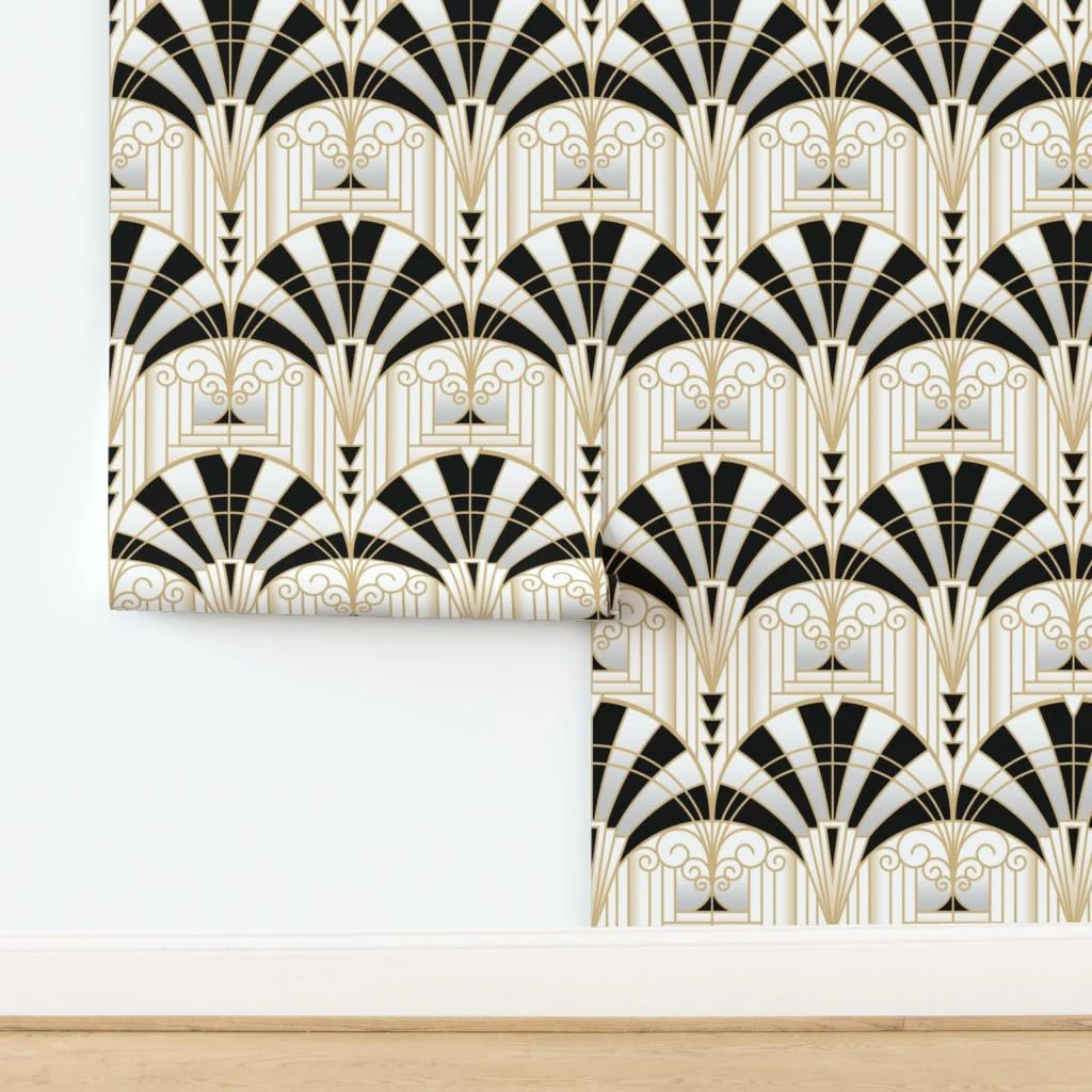 Spoonflower Peel & Stick Wallpaper 3ft x 2ft - Art Deco Alcove Black White Gold Fan Architecture 1920s Custom Removable Wallpaper - Image 4