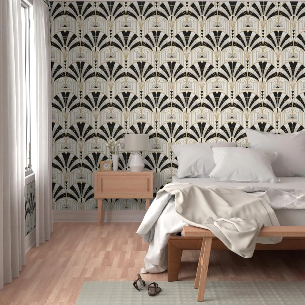 Spoonflower Peel & Stick Wallpaper 3ft x 2ft - Art Deco Alcove Black White Gold Fan Architecture 1920s Custom Removable Wallpaper - Image 5