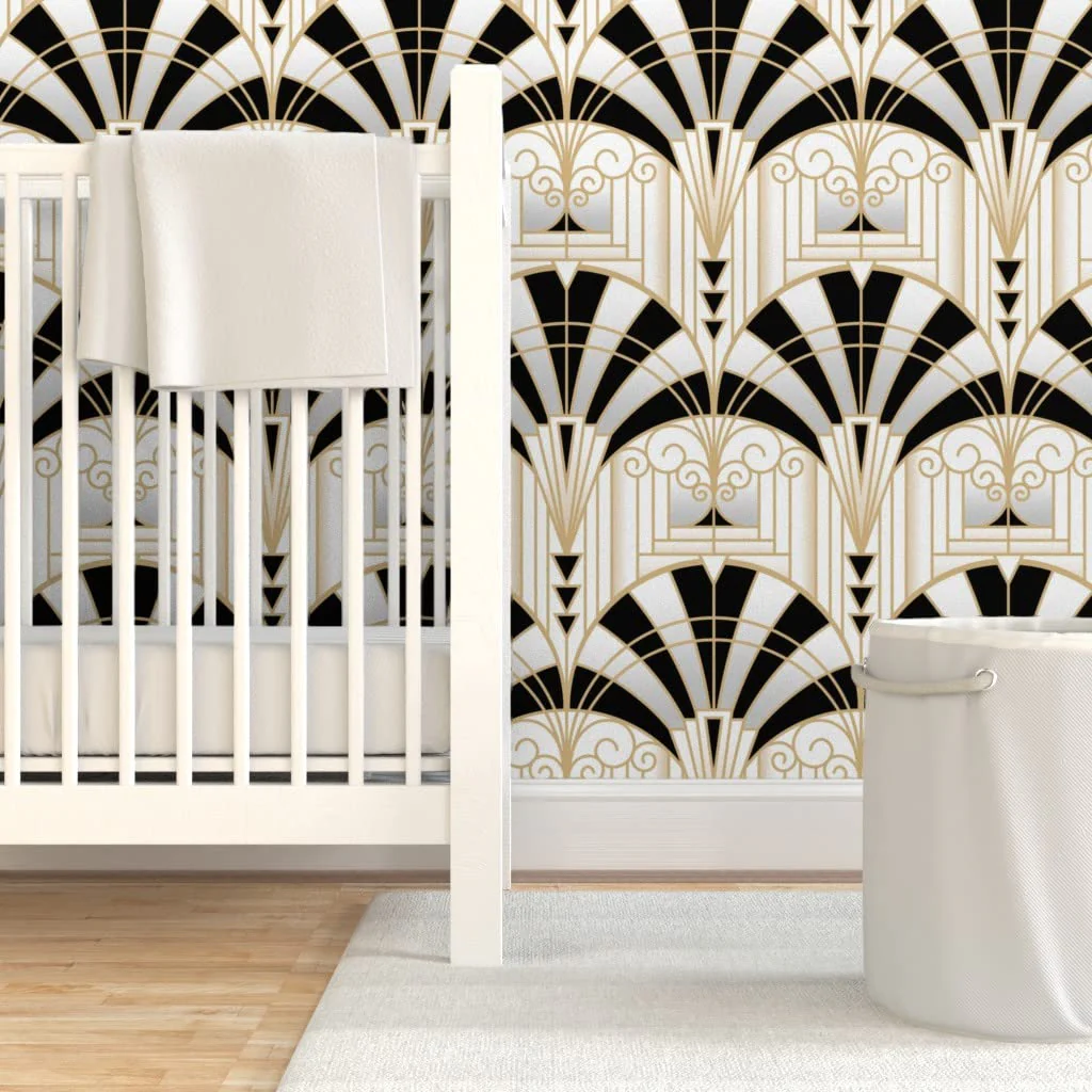 Spoonflower Peel & Stick Wallpaper 3ft x 2ft - Art Deco Alcove Black White Gold Fan Architecture 1920s Custom Removable Wallpaper - Image 6