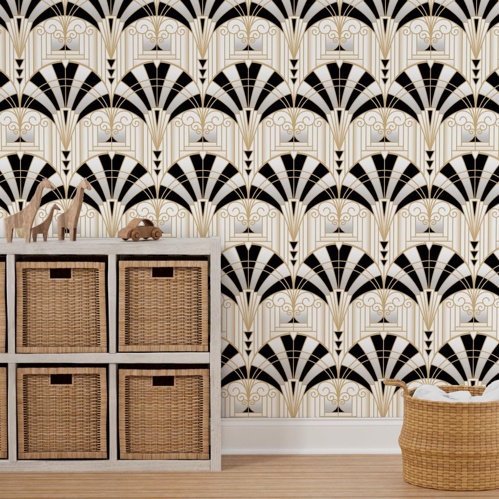 Spoonflower Peel & Stick Wallpaper 3ft x 2ft - Art Deco Alcove Black White Gold Fan Architecture 1920s Custom Removable Wallpaper - Image 7