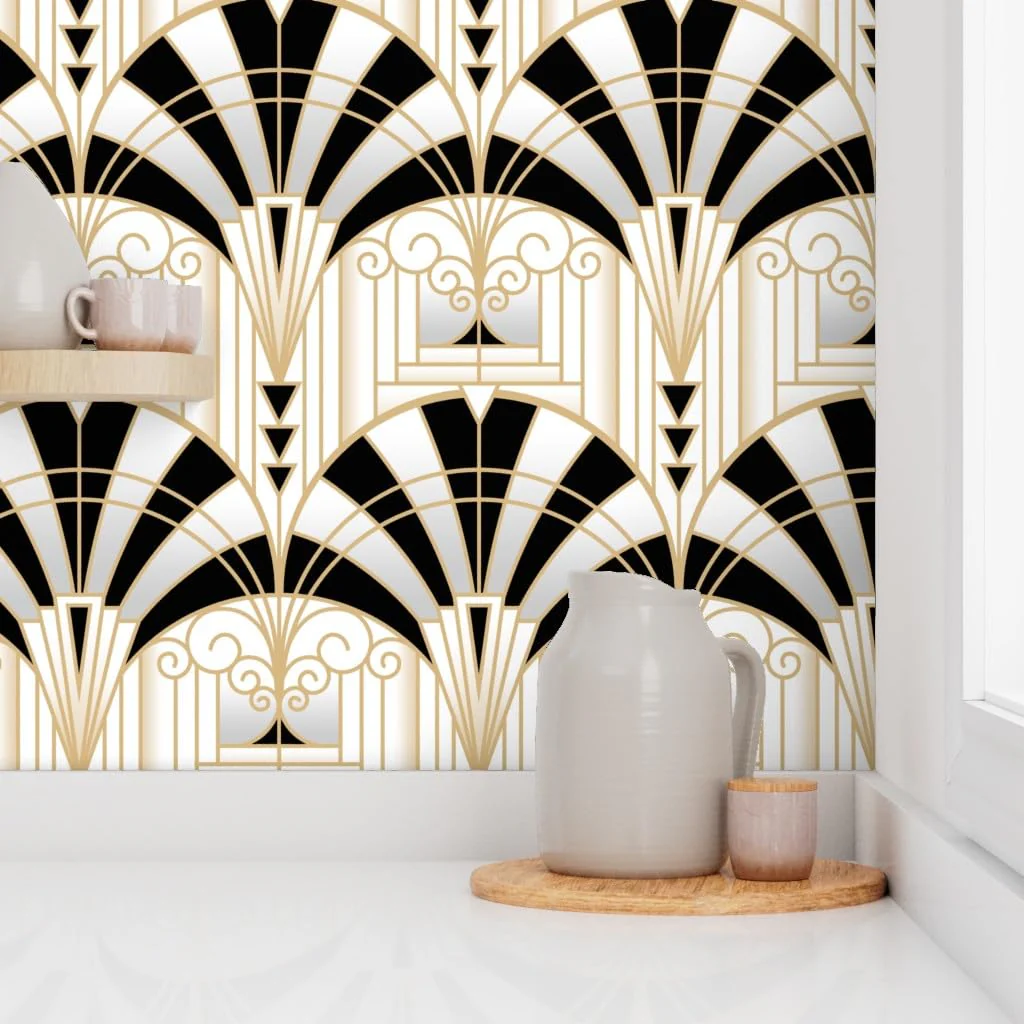 Spoonflower Peel & Stick Wallpaper 3ft x 2ft - Art Deco Alcove Black White Gold Fan Architecture 1920s Custom Removable Wallpaper - Image 8
