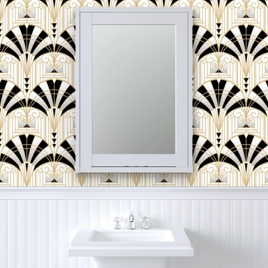 Spoonflower Peel & Stick Wallpaper 3ft x 2ft - Art Deco Alcove Black White Gold Fan Architecture 1920s Custom Removable Wallpaper - Image 9