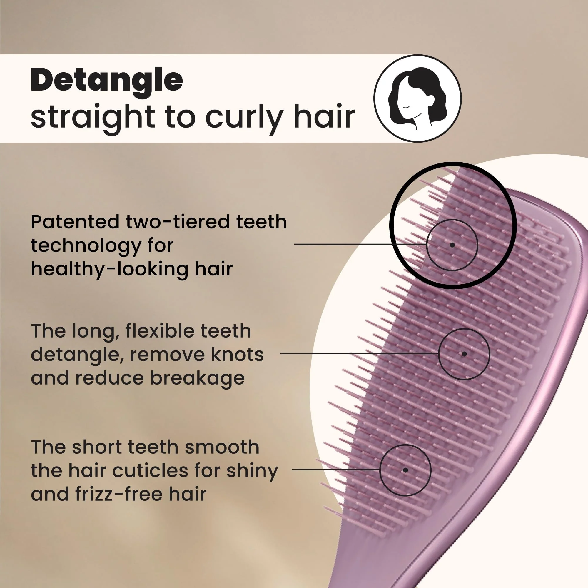 Tangle Teezer Chrome Ultimate Detangler Brush for Wet & Dry Hair, Eliminates Knots & Reduces Breakage for Straight to Curly Hair Types, Mauve - Image 3
