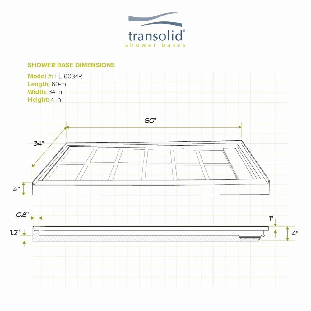 Transolid FL6034R-39 Linear 60-in W x 34-in L Rectangular Alcove Concealed End Drain Shower Base with Right Hand Drain, Grey - Image 4