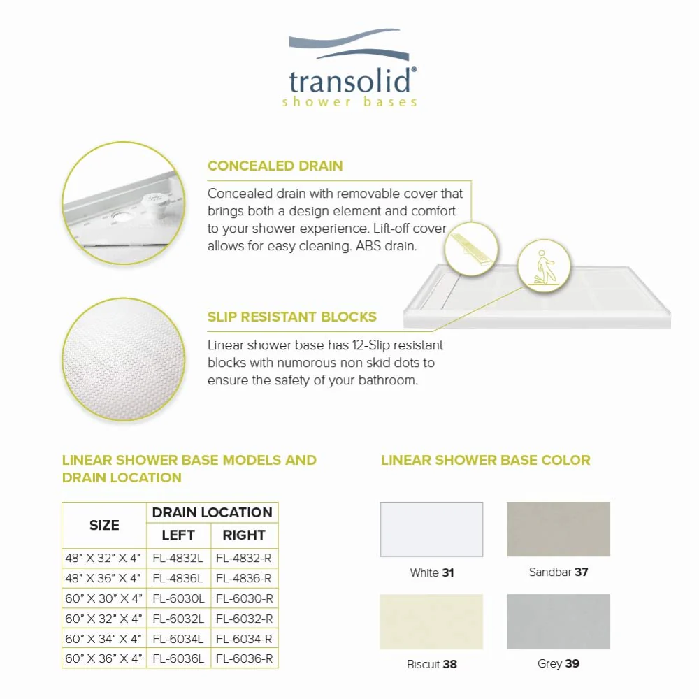Transolid FL6036L-39 Linear 60-in L x 36-in W Rectangular Alcove Concealed End Drain Shower Base with Left Hand Drain, Grey - Image 4