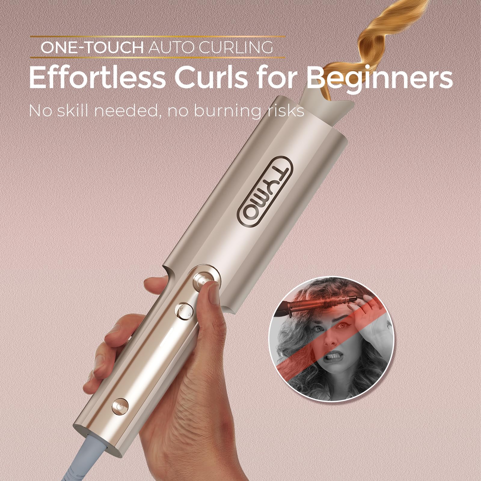 TYMO CurlPro Plus Automatic Rotating Curling Iron - Upgraded Long Barrel Curling Wand for Long Hair, Ceramic Hair Curler for Women, Anti-Scald, Tangle-Free, 600M Ionic, Dual Voltage, Gold, 1 Inch - Image 2