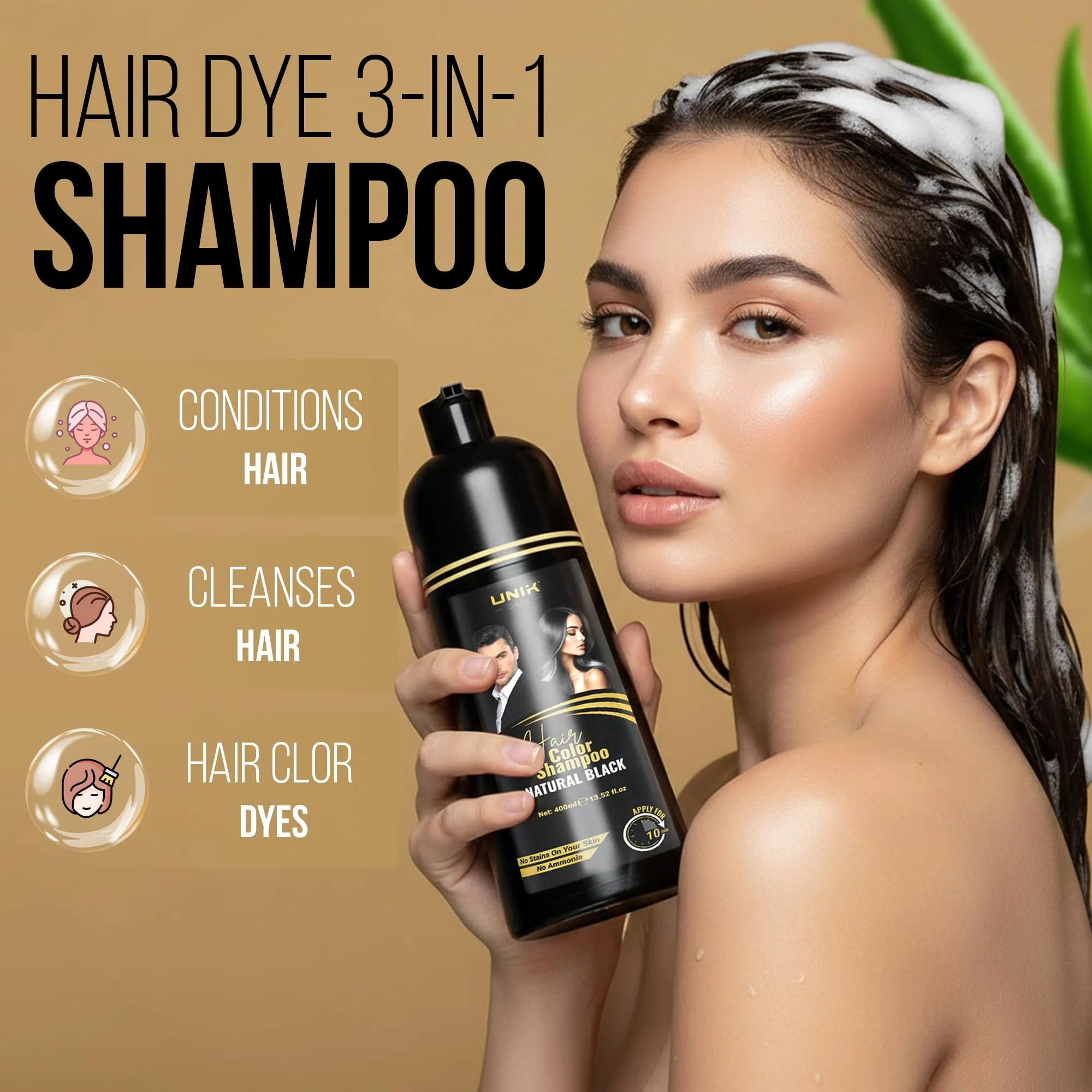 UNIK Care Hair Dye Shampoo 400ml – 3 in 1 Natural Colour Shampoo for Grey Hair – Ammonia-Free Hair Dye for Women & Men (Natural Black) - Image 2