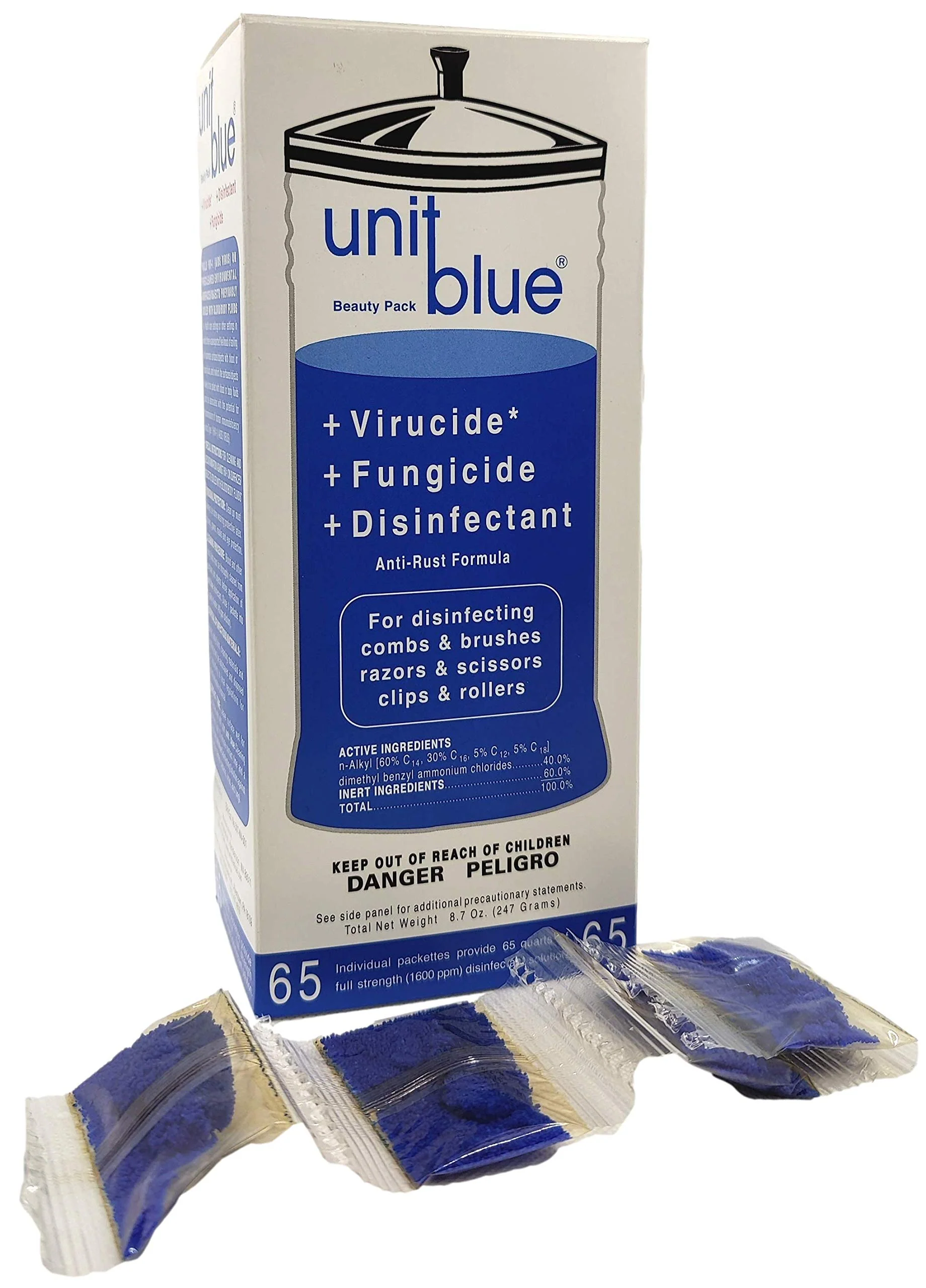 Unit Blue Germicidal Barber Disinfectant Liquid Cleaner Concentrate for Barbers - Anti-Rust Formula to Sterilize Scissors, Clips, Razors, Brush & Combs - 65 Sachets Makes 65 QT Solution at 1600 PPM