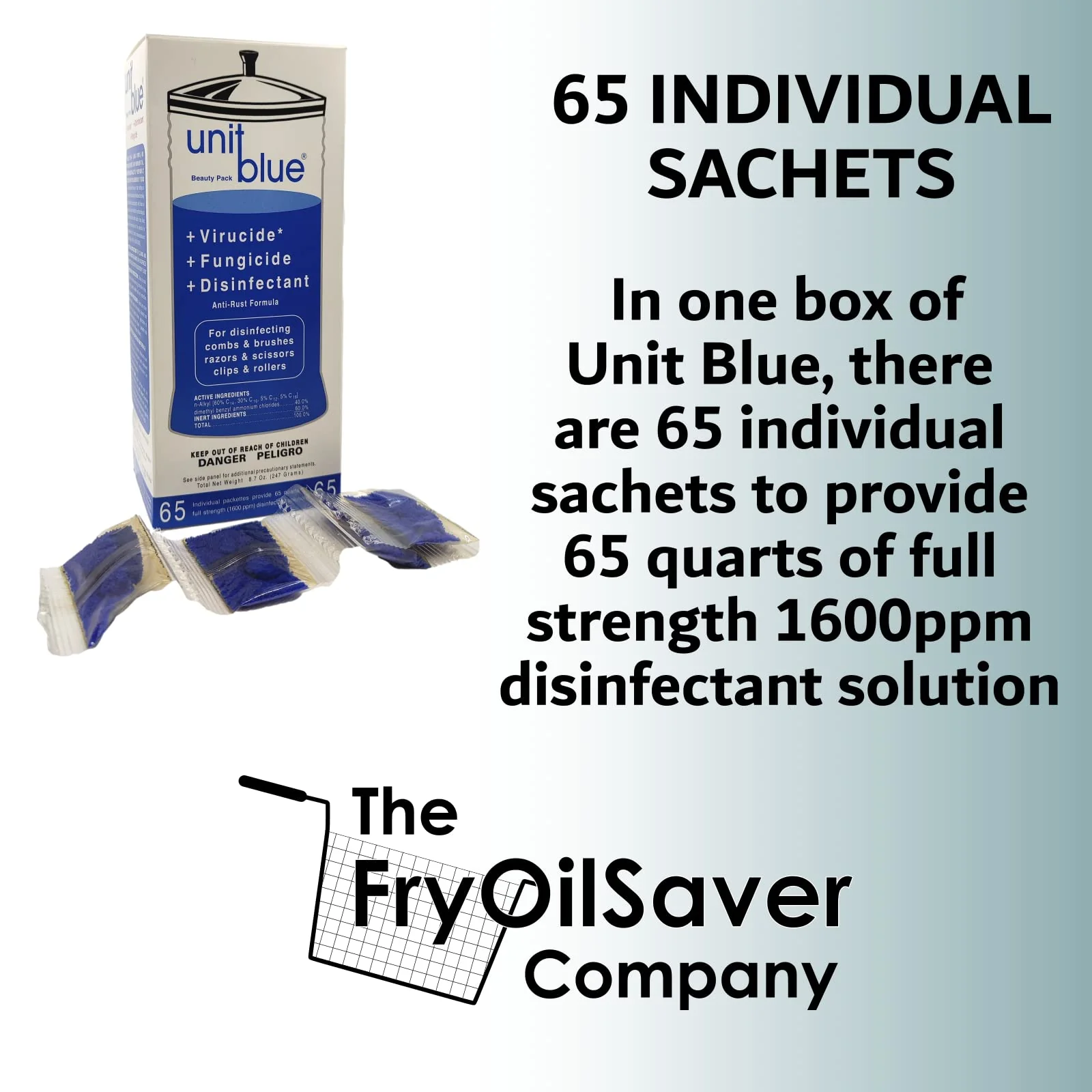 Unit Blue Germicidal Barber Disinfectant Liquid Cleaner Concentrate for Barbers - Anti-Rust Formula to Sterilize Scissors, Clips, Razors, Brush & Combs - 65 Sachets Makes 65 QT Solution at 1600 PPM - Image 2