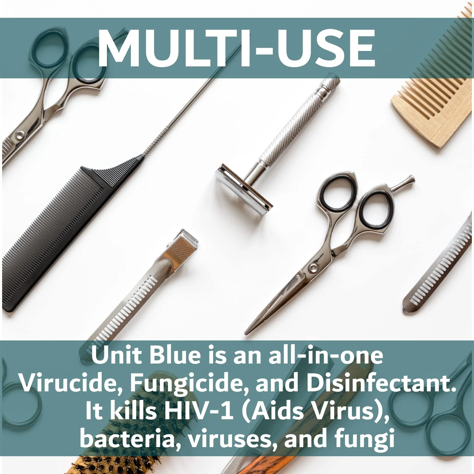 Unit Blue Germicidal Barber Disinfectant Liquid Cleaner Concentrate for Barbers - Anti-Rust Formula to Sterilize Scissors, Clips, Razors, Brush & Combs - 65 Sachets Makes 65 QT Solution at 1600 PPM - Image 5