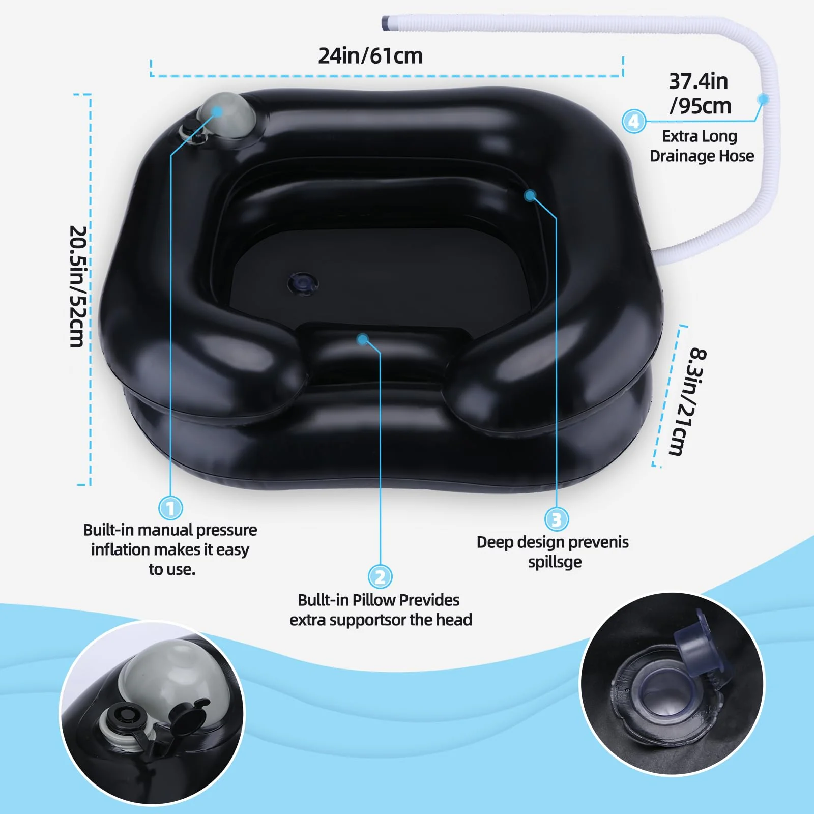 Upgraded Inflatable Hair Washing Basin with Built-in Manual Pressure Inflation, Portable Shampoo Bowl Sink for Hair Washing Station & Elderly, Disabled, Bedridden - Image 4