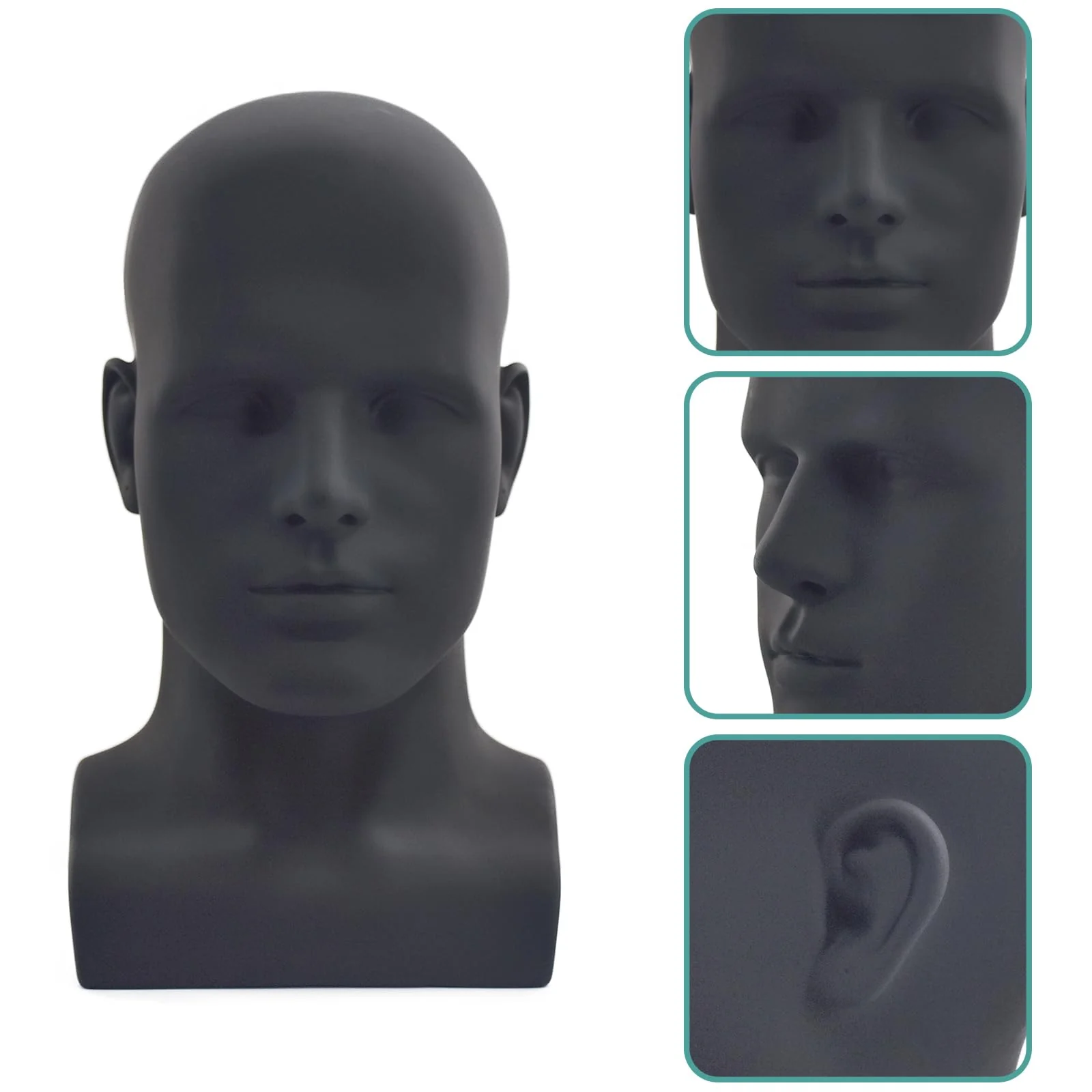 VEELTRAS Male Mannequin Head PVC Professional Head Model Cosmetology Male Mannequin Head Display for Wigs Hat Mask Scarf Sunglasses with Mount Hole (Matte black) - Image 2