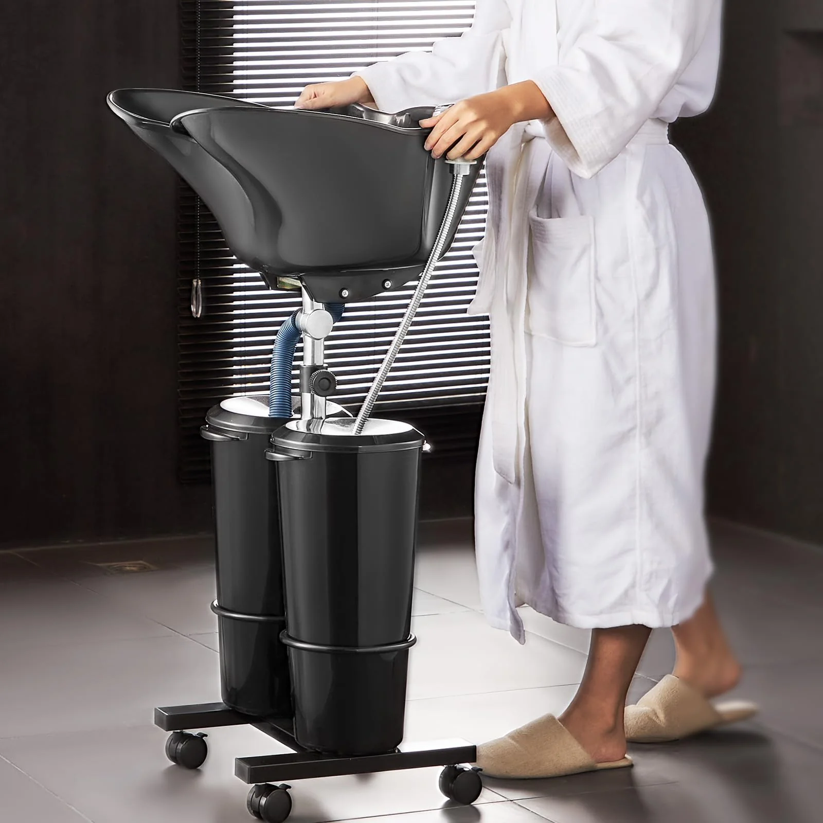 VEVOR Portable Shampoo Bowl, Shampoo Sink for Washing Hair with Electric Pump, Includes 2 Buckets 2 Showerheads, Drain Hose, Height and Angle Adjustable Portable Wash Bowl for Home Salon Use, Black - Image 8