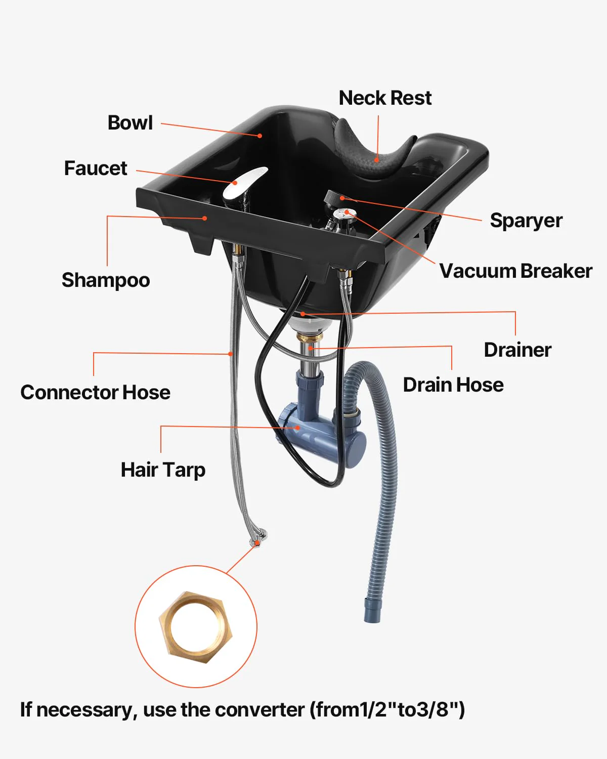 VEVOR Shampoo Basin, Black Hairdresser Sink Shampoo Bowl Sink, ABS Plastic Salon and Spa Hair Washing Sink, Hair Backwash Basin Beauty Salon Equipment for Hair Stylists - Image 8
