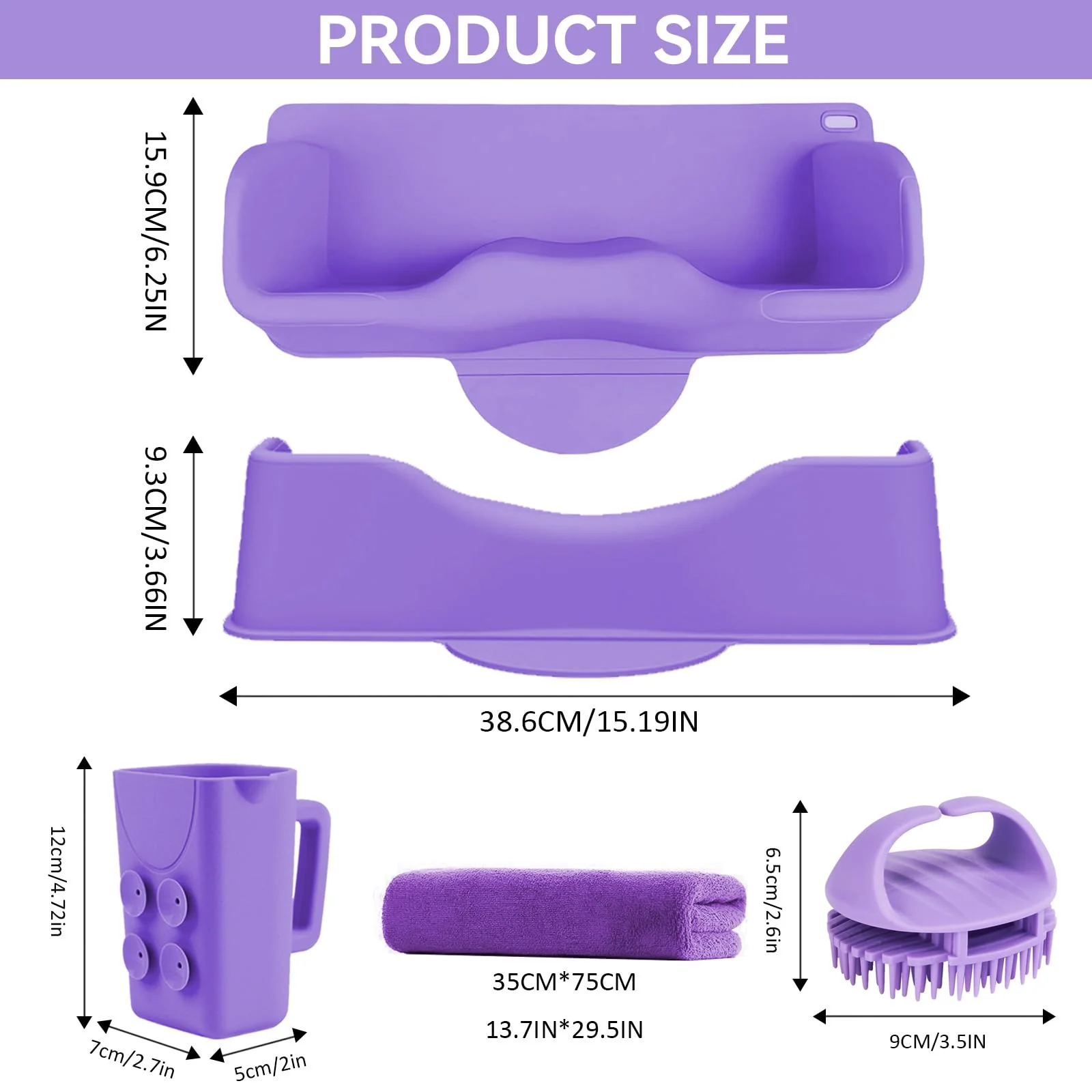Vurlexat Portable Hair Washing Station for Kids, Silicone Hair Wash Basin with Suction Rinse Cup, Tear-Free Shampoo Bowl with Absorbent Towel and Shampoo Massage Brush for Sink or Bathtub(Purple) - Image 2