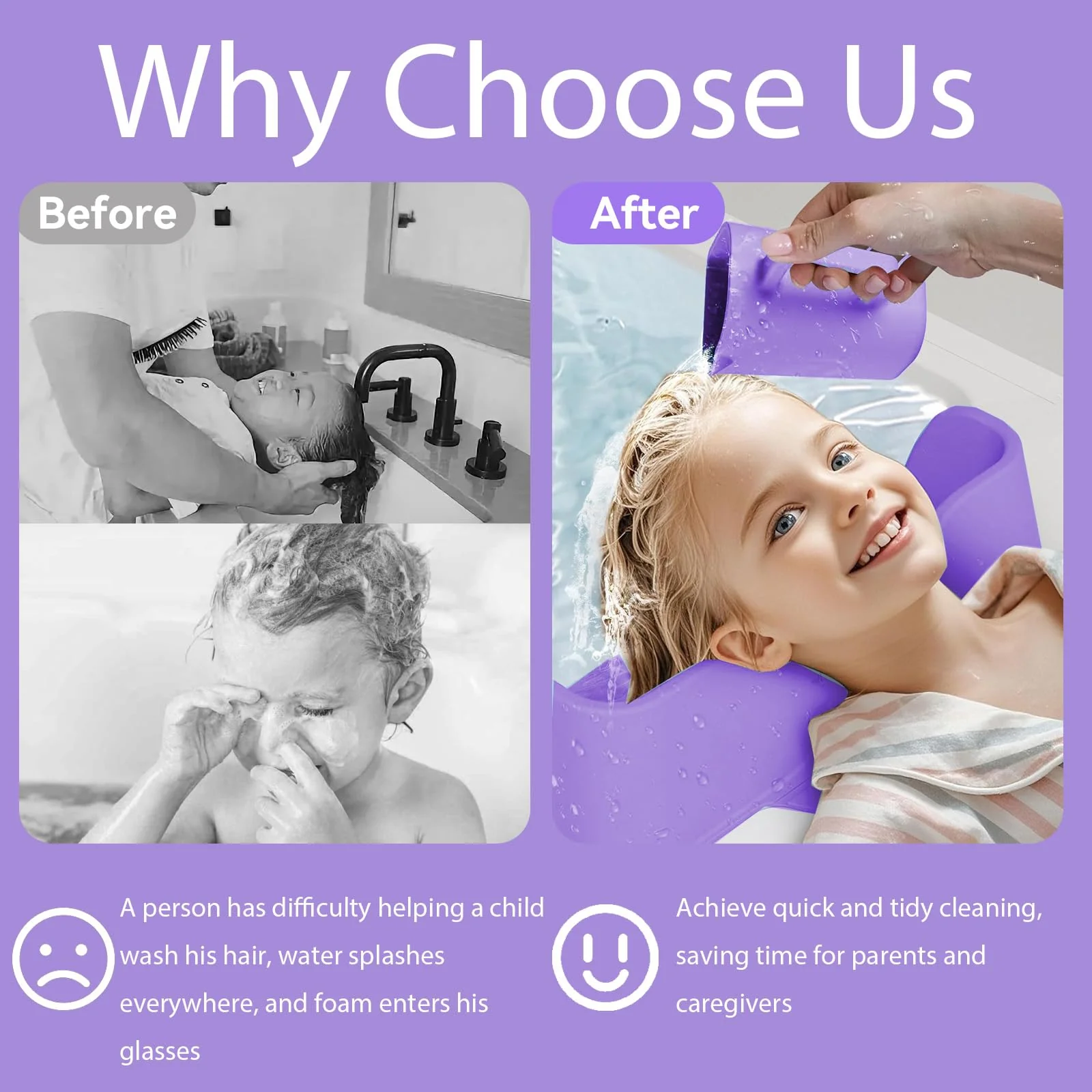 Vurlexat Portable Hair Washing Station for Kids, Silicone Hair Wash Basin with Suction Rinse Cup, Tear-Free Shampoo Bowl with Absorbent Towel and Shampoo Massage Brush for Sink or Bathtub(Purple) - Image 6