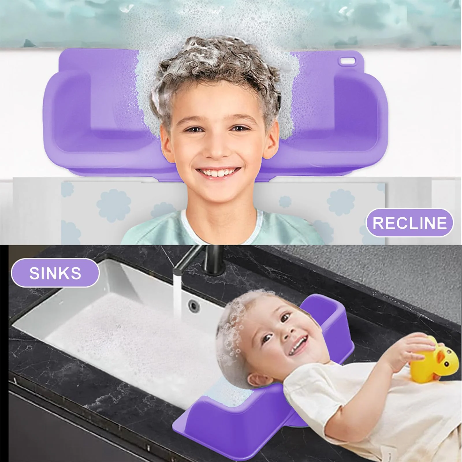 Vurlexat Portable Hair Washing Station for Kids, Silicone Hair Wash Basin with Suction Rinse Cup, Tear-Free Shampoo Bowl with Absorbent Towel and Shampoo Massage Brush for Sink or Bathtub(Purple) - Image 7