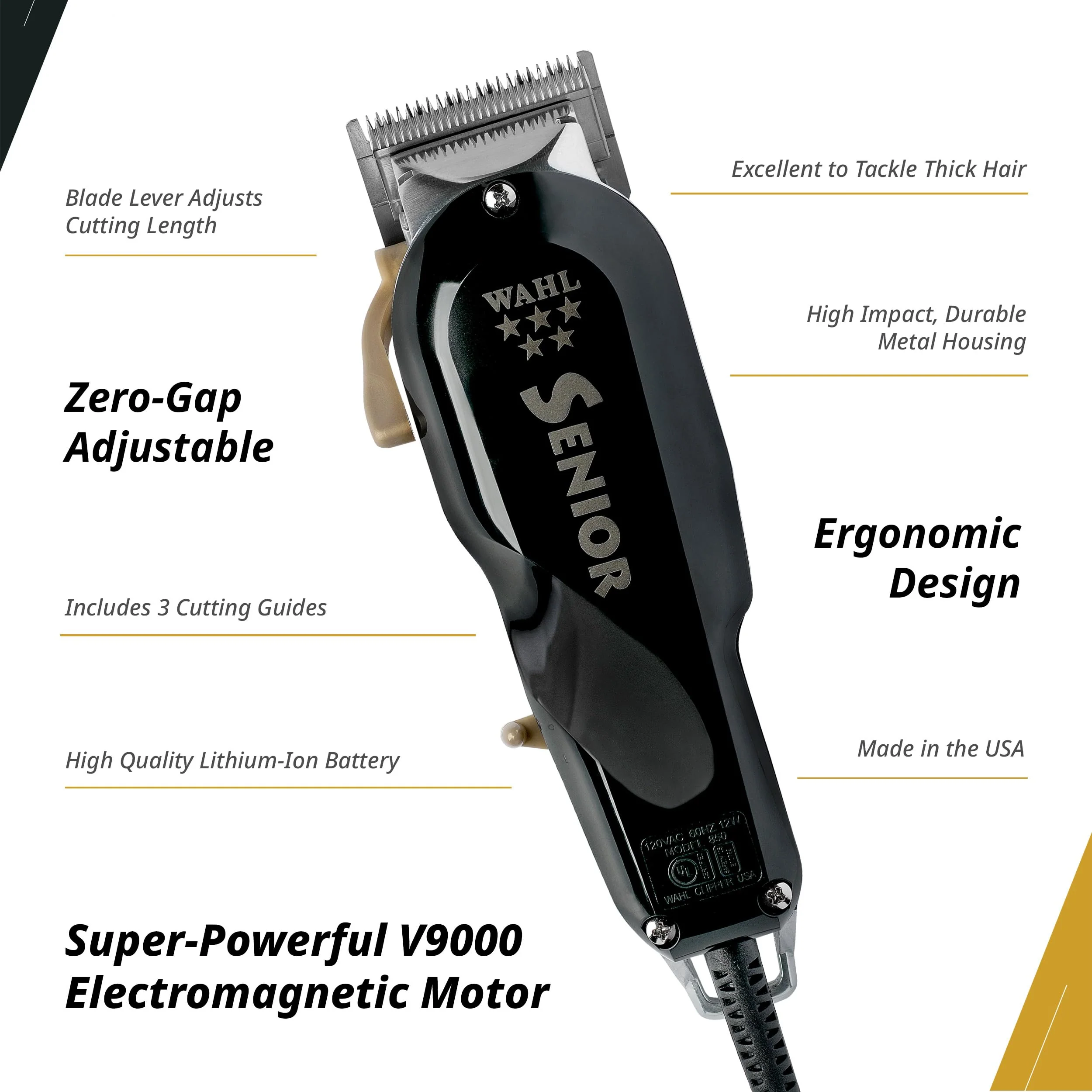 Wahl Professional 5 Star Senior Clipper, V9000 Motor, Adjustable Taper Lever, Includes 3 Cutting Guides - Image 3