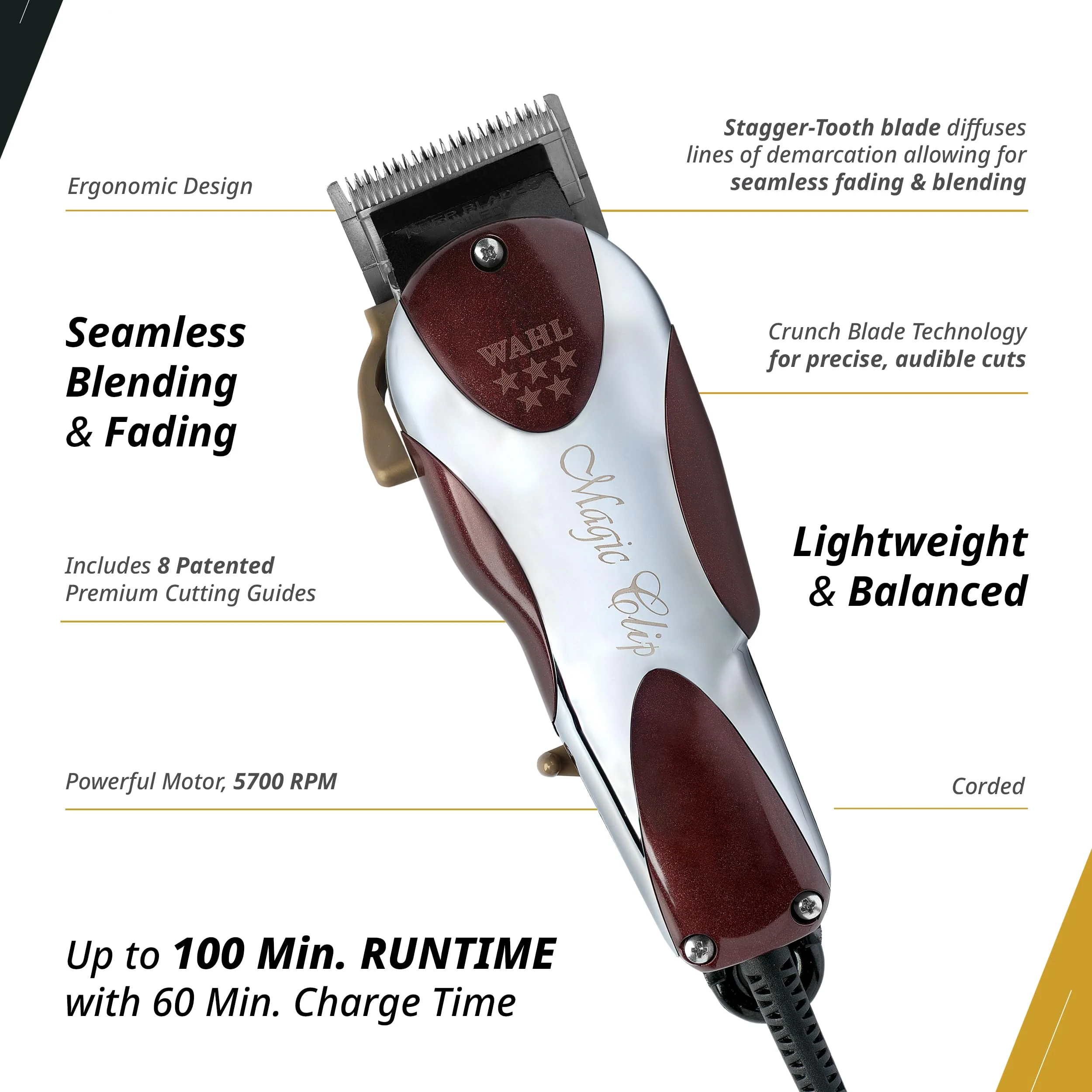 Wahl Professional 5 Star Series Magic Clip Precision Fade Clipper with Zero Overlap Adjustable Blades, Corded Operation, V9000 Motor, Chrome - Image 3