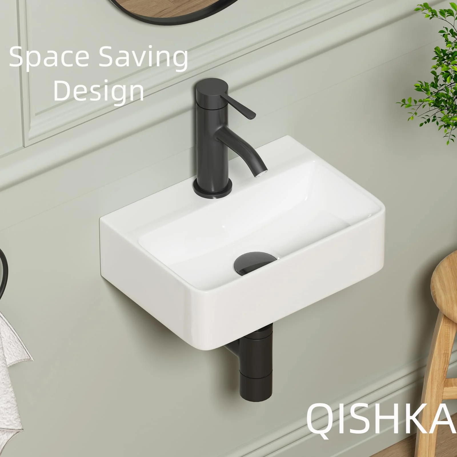 Wall Hung Bathroom Vessel Sink, QISHKA 14.5" X 10" Rectangular Floating Ceramic Wash Hand Basin White Wall Mount Vanity Sink for Small Bathroom and Small Cloakroom - Image 3