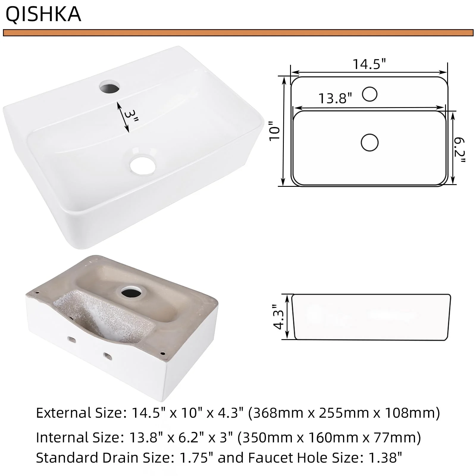 Wall Hung Bathroom Vessel Sink, QISHKA 14.5" X 10" Rectangular Floating Ceramic Wash Hand Basin White Wall Mount Vanity Sink for Small Bathroom and Small Cloakroom - Image 5